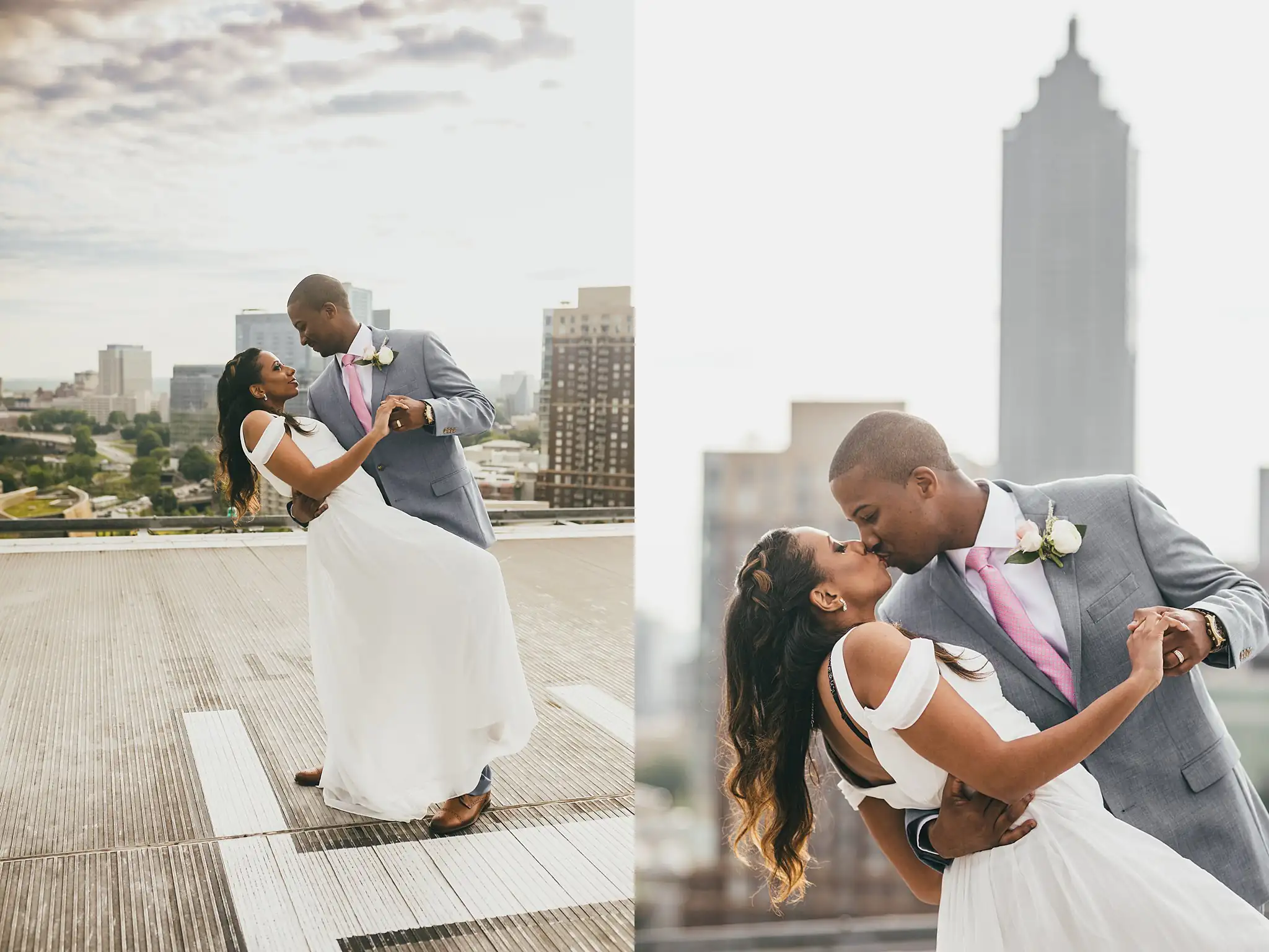 Wedding Formals: the couple walking the helipad, and the groom dipping the bride, at their elopement at Ventanas in Atlanta, GA