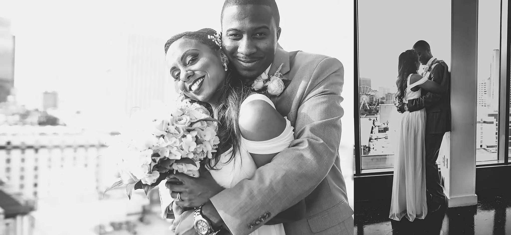 Wedding Formals: the couple laughing, and silhouetted at the window, at their elopement at Ventanas in Atlanta, GA