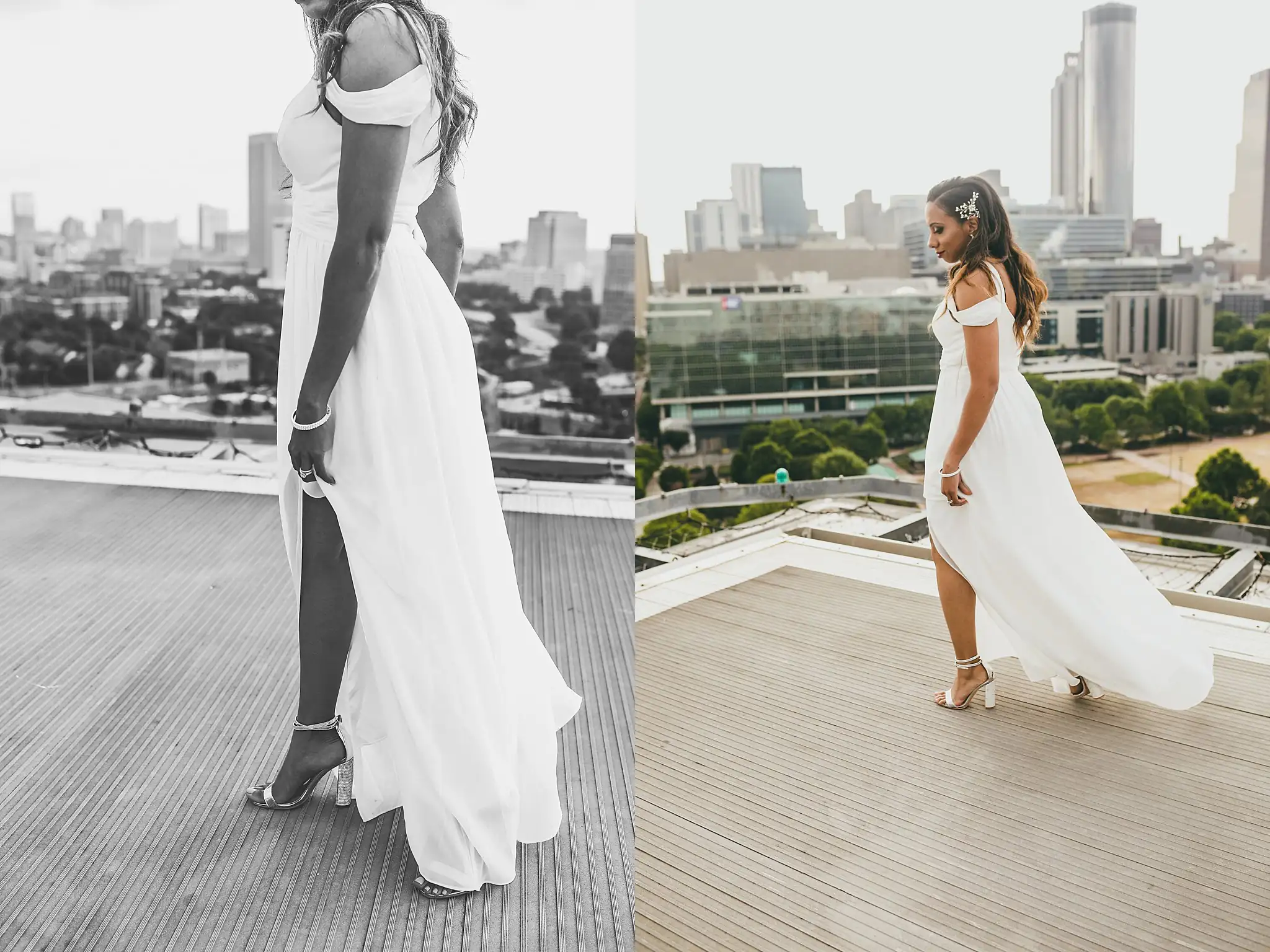 Bridal Portraits: the bride walking away across the rooftop, at their elopement at Ventanas in Atlanta, GA