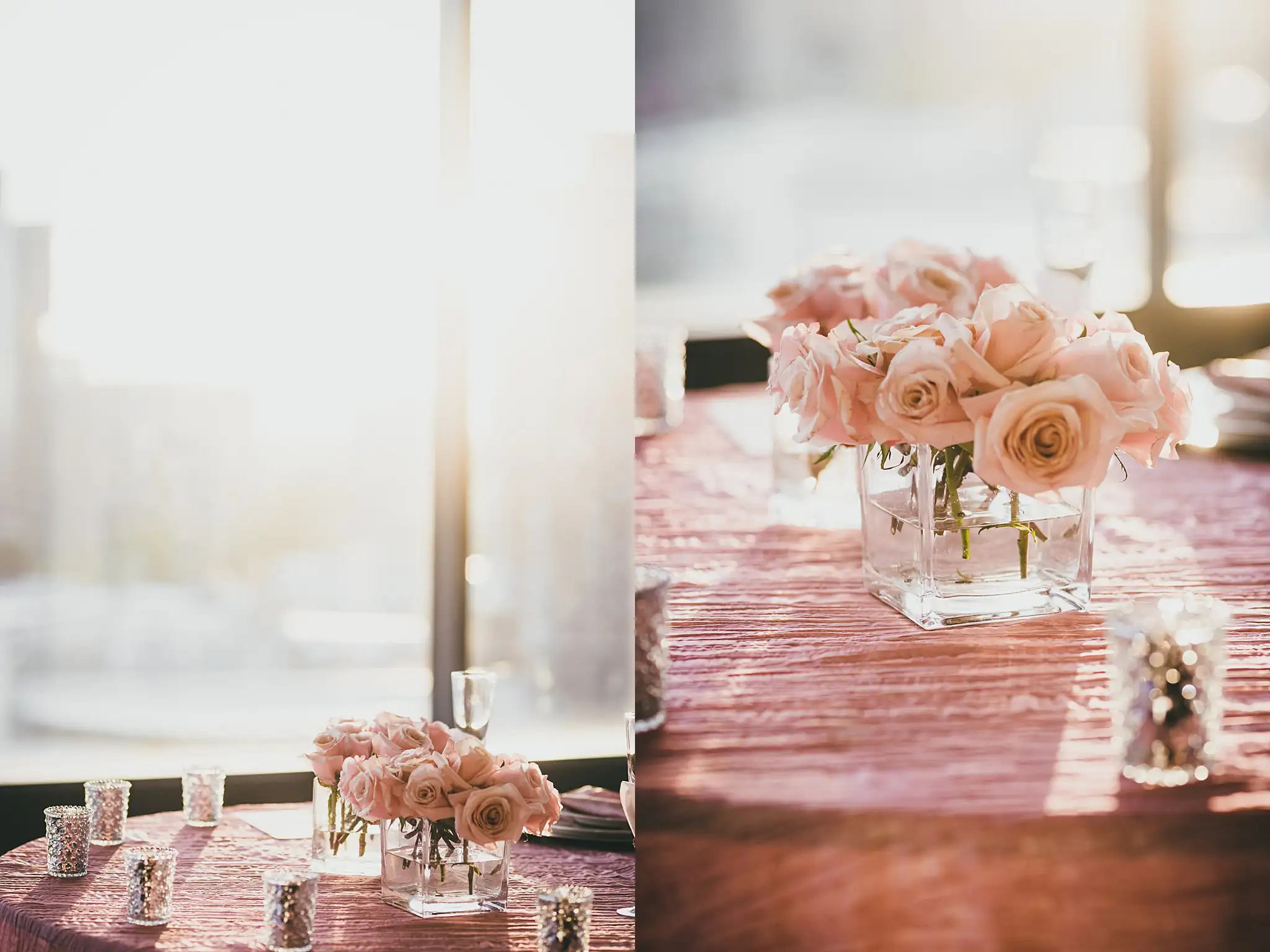 Reception Details: blush roses in glass cubes, and the votives along the table, at their elopement at Ventanas in Atlanta, GA