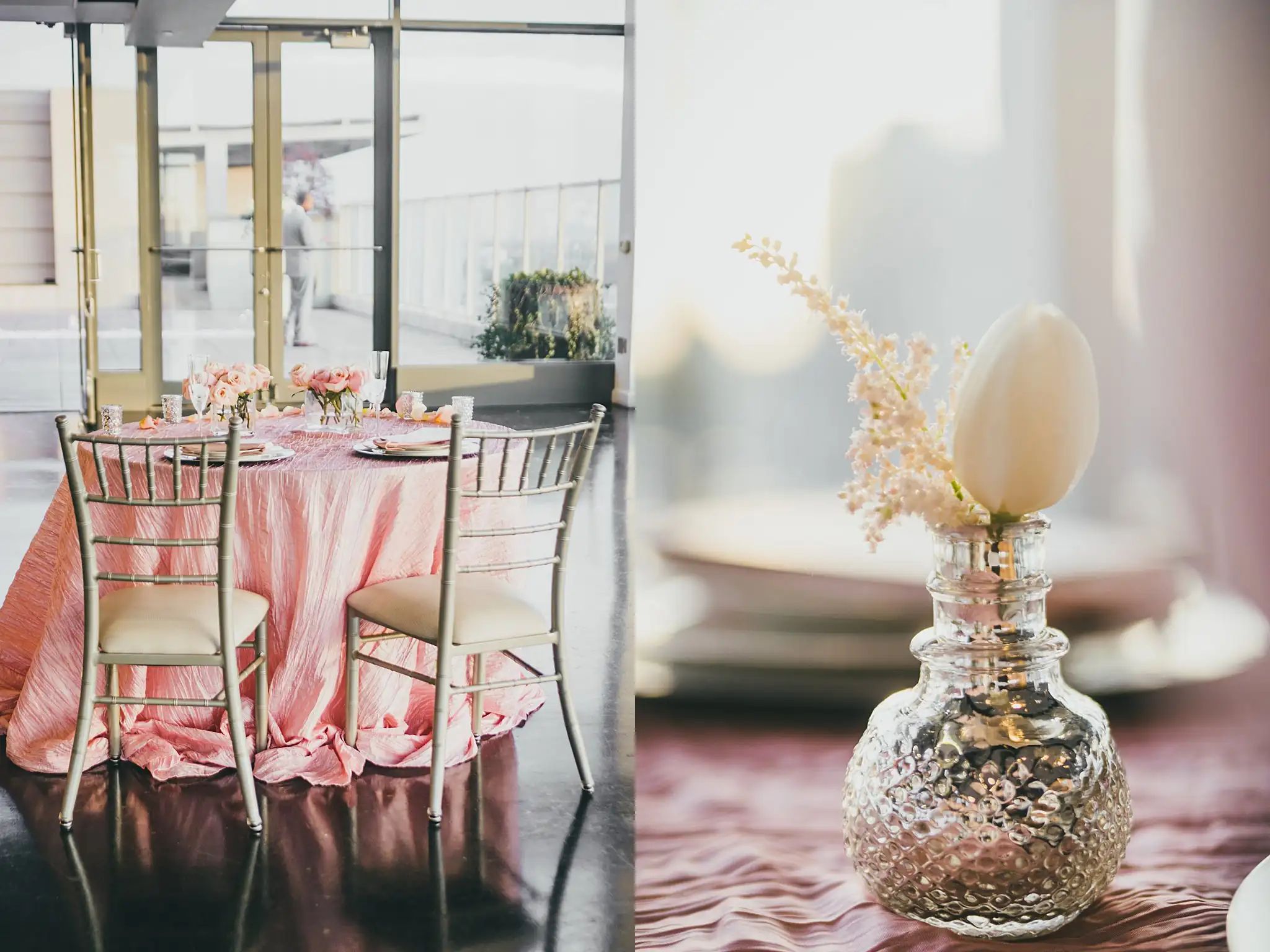 Reception Details: the table and its gold chairs, and a mercury glass bud vase, at their elopement at Ventanas in Atlanta, GA