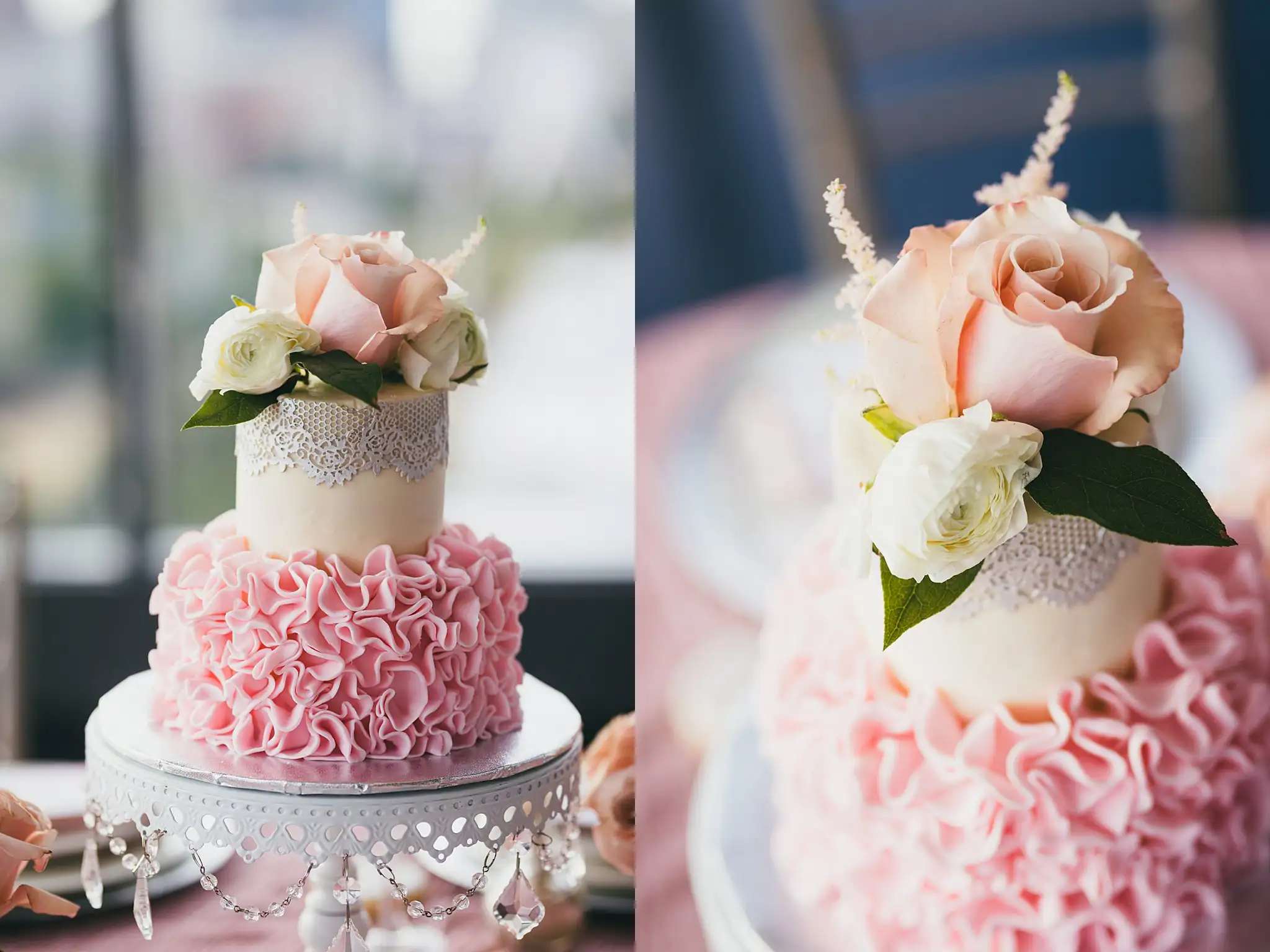 Wedding Cake Details: the two-tier ruffled blush cake trimmed with roses, at an elopement at Ventanas in Atlanta, GA