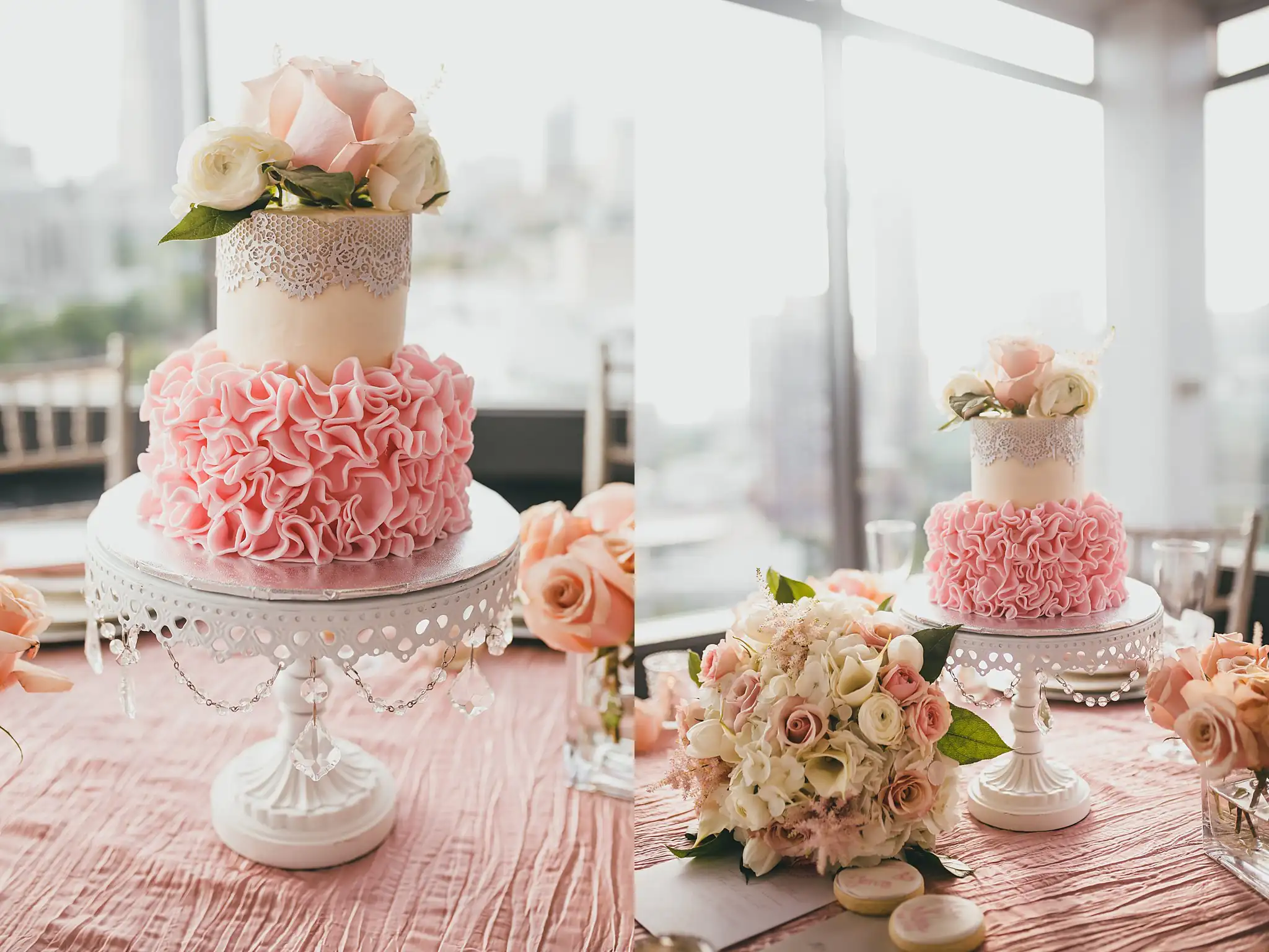 Wedding Cake Details: the ruffled cake on its stand beside the roses, at an elopement at Ventanas in Atlanta, GA