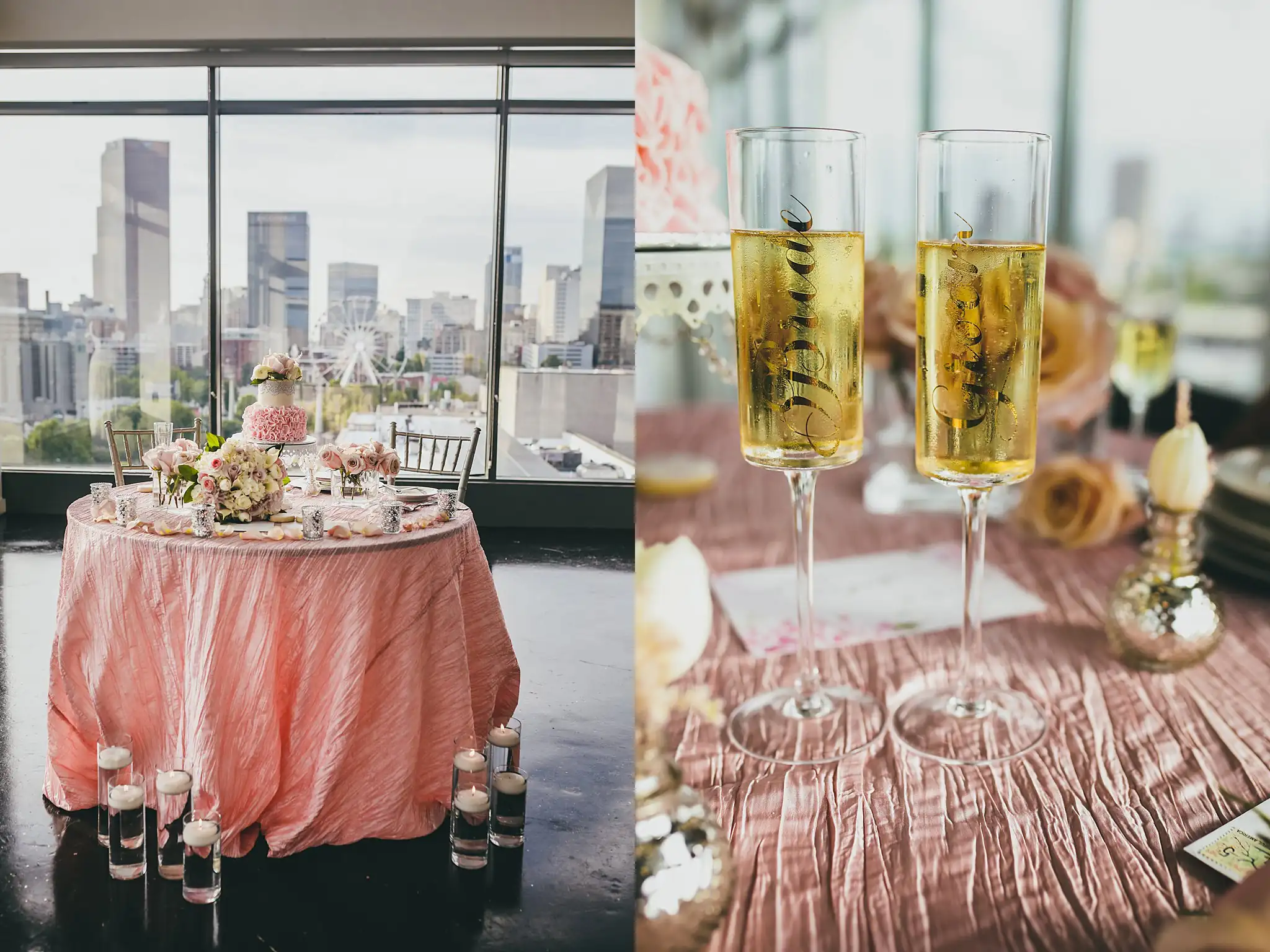 Reception Details: the blush table by the windows, and two glasses of champagne, at their elopement at Ventanas in Atlanta, GA