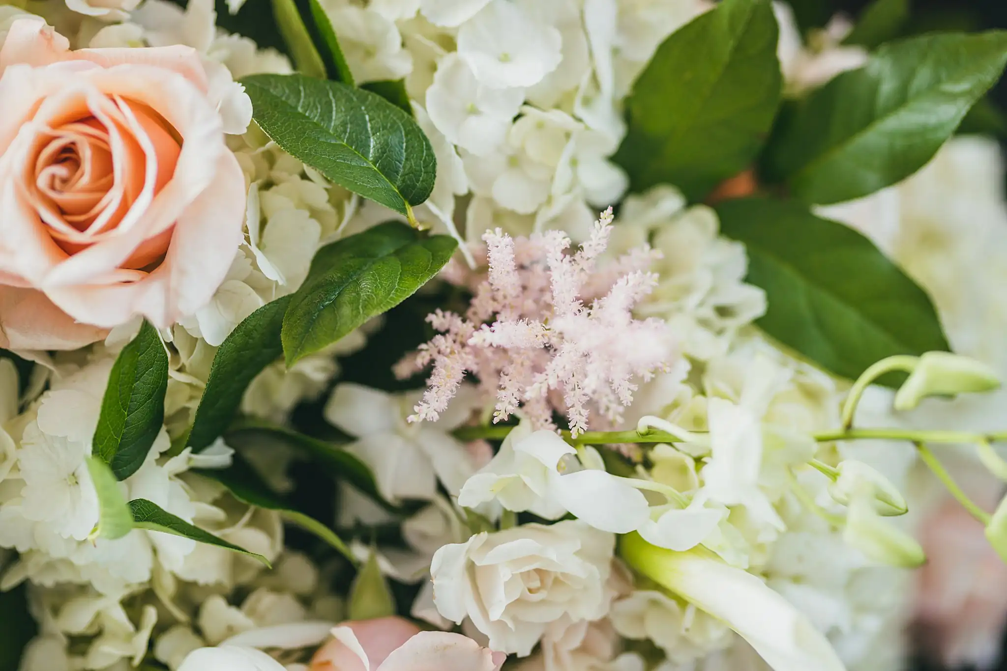 Wedding Florals: peach roses, astilbe and hydrangea up close, at an elopement at Ventanas in Atlanta, GA