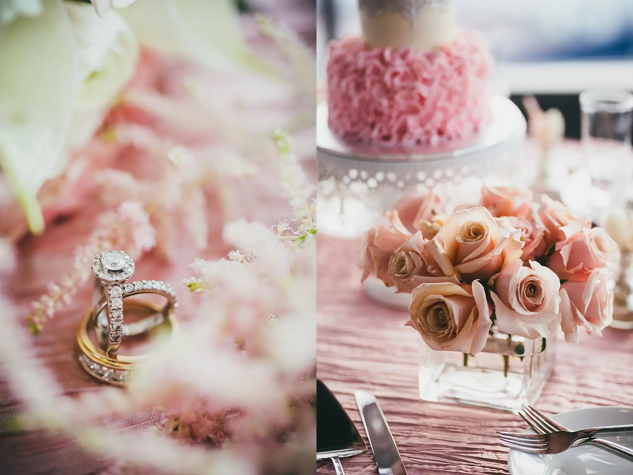 Wedding Details: the rings on the blush linen, and a cluster of blush roses, at an elopement at Ventanas in Atlanta, GA