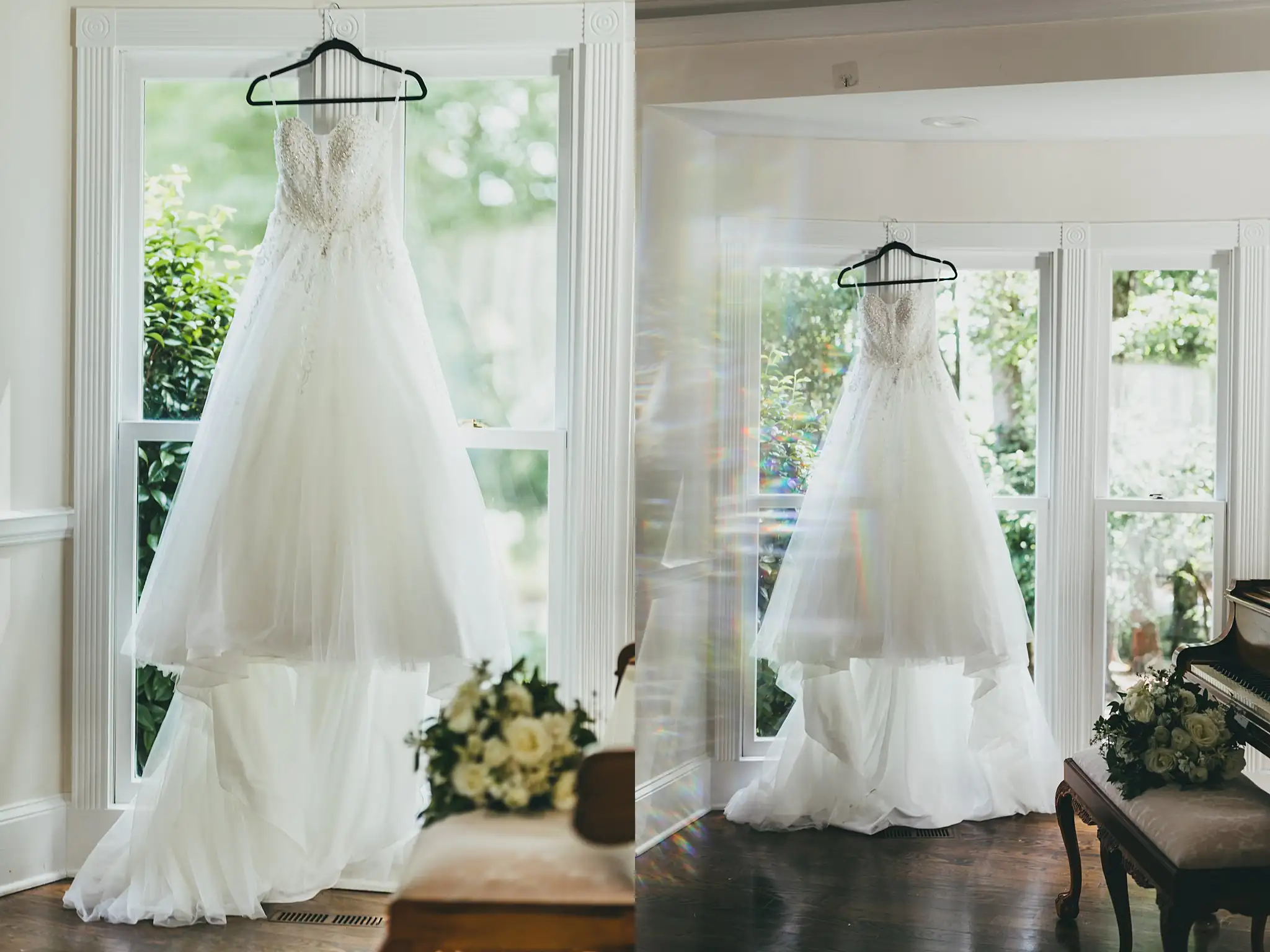 Wedding Details: the gown hanging in the bay window, at a wedding at Little River Farms in Milton, GA
