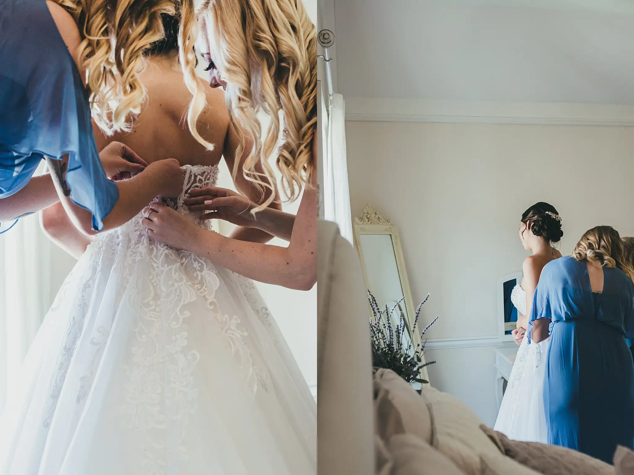 Getting Ready: bridesmaids fastening the back of the gown, before their wedding at Little River Farms in Milton, GA