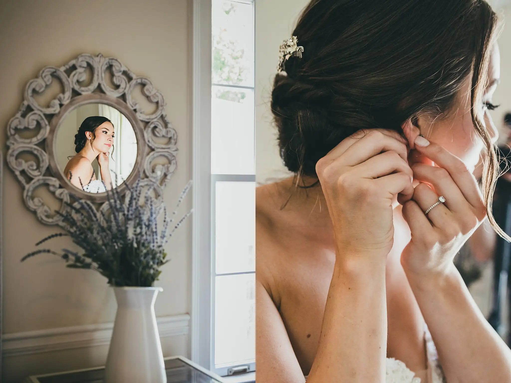 Getting Ready: the bride reflected, and putting in an earring, before their wedding at Little River Farms in Milton, GA