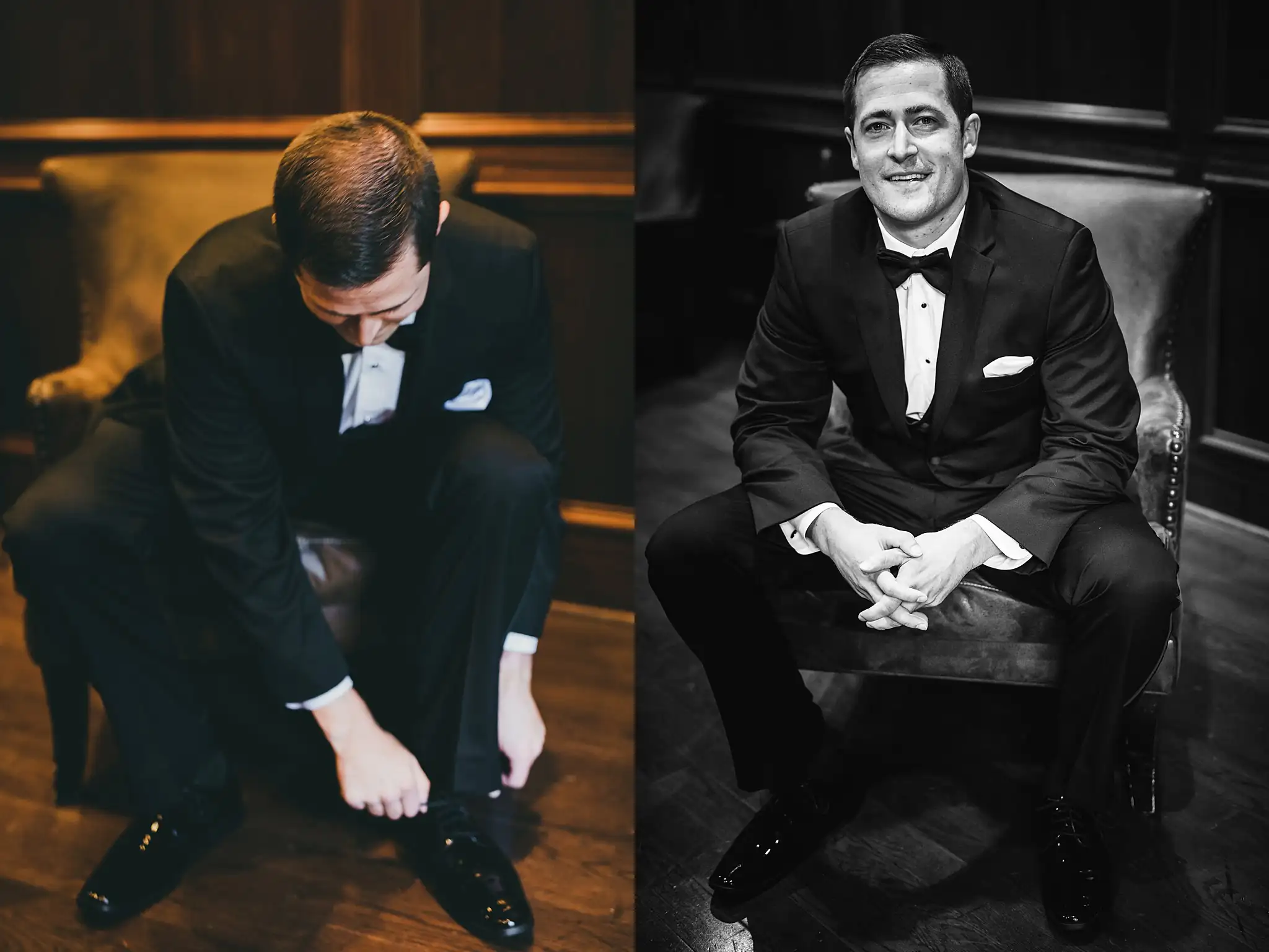 Getting Ready: the groom tying his shoe, and seated, before their wedding at Little River Farms in Milton, GA