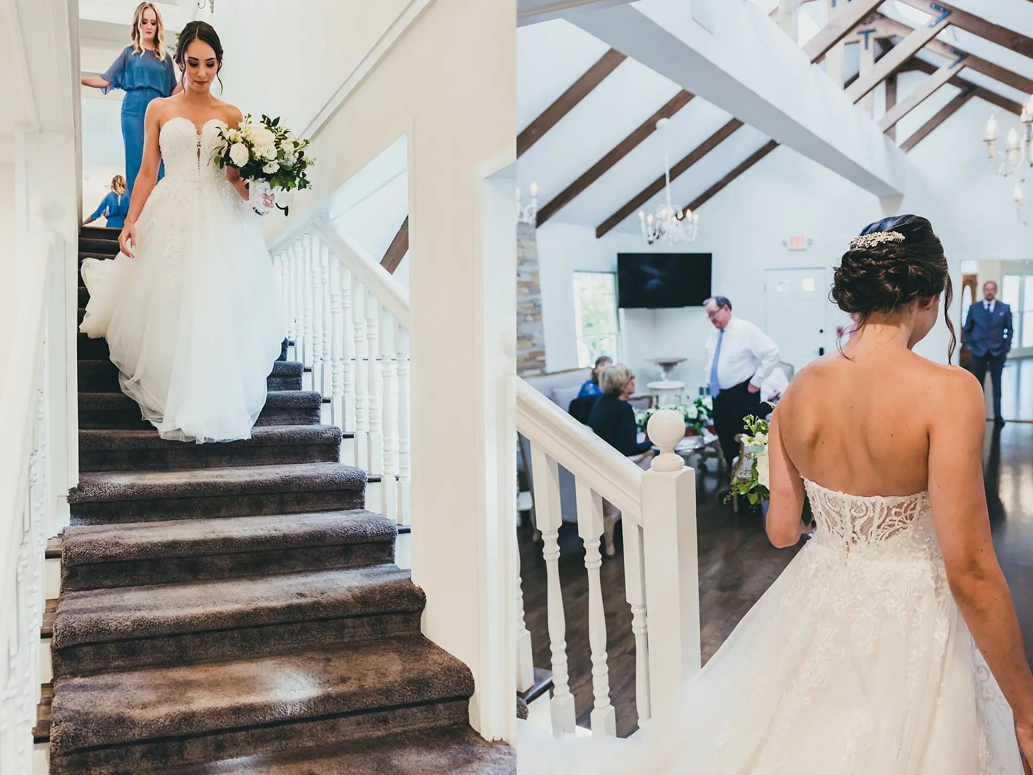 Getting Ready: the bride coming down the staircase, before their wedding at Little River Farms in Milton, GA