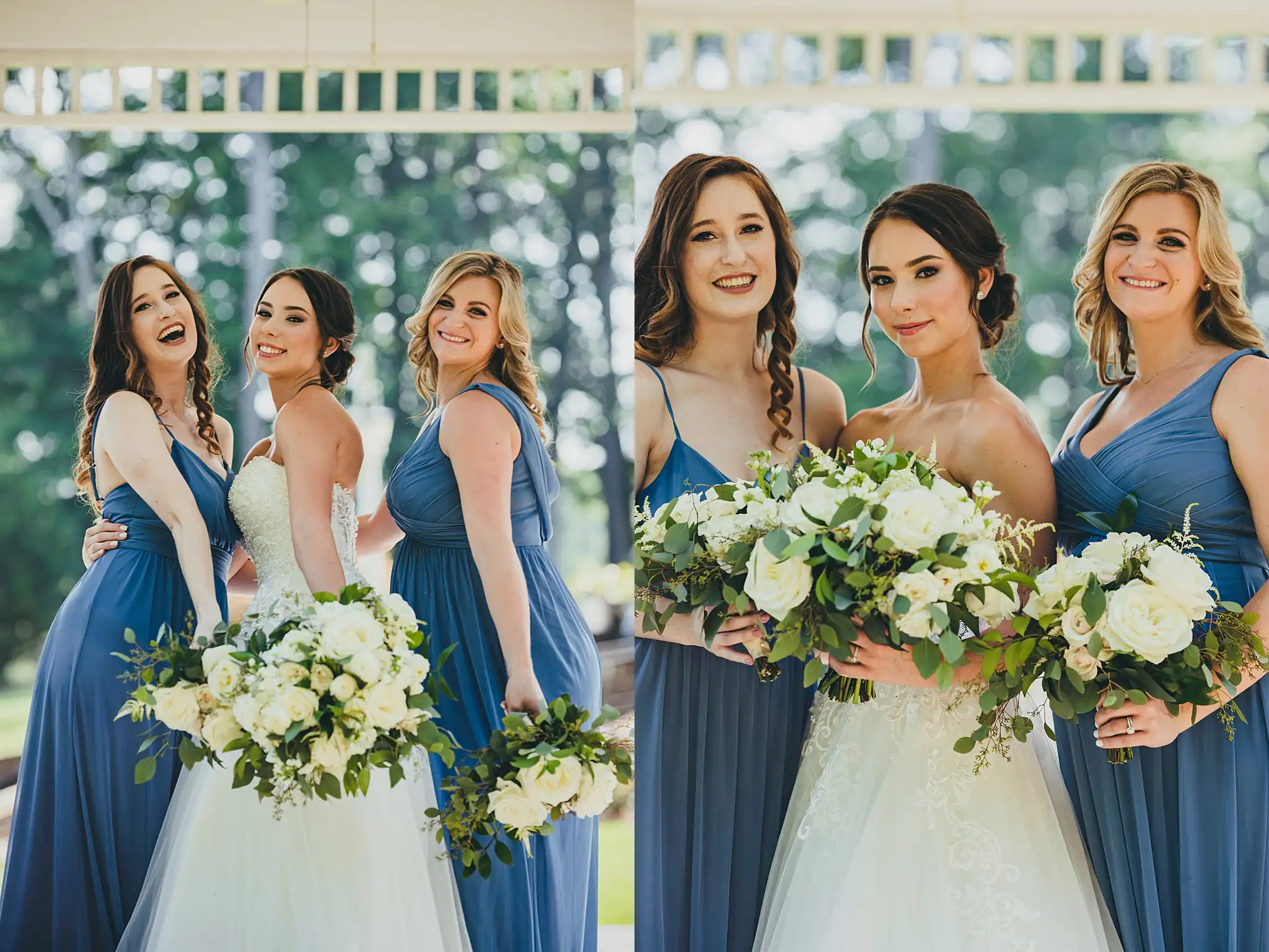 Wedding Party: the bridesmaids in shades of blue, at their wedding at Little River Farms in Milton, GA