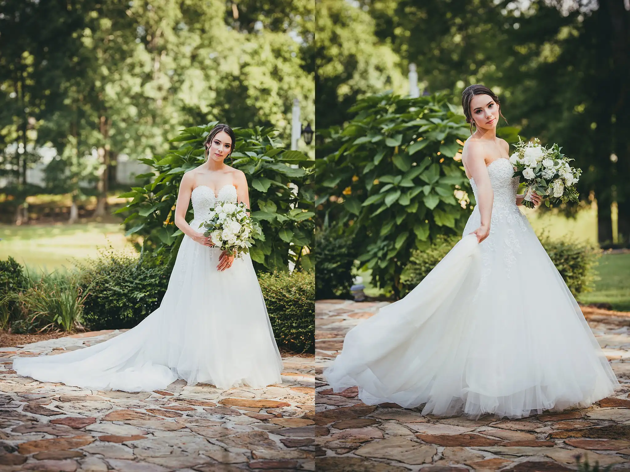 Bridal Portraits: the bride with her bouquet on the stone path, at their wedding at Little River Farms in Milton, GA