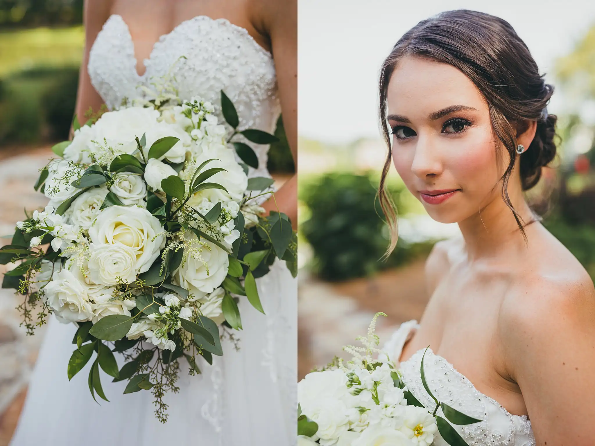 Bridal Portraits: the white rose bouquet, and the bride close up, at their wedding at Little River Farms in Milton, GA