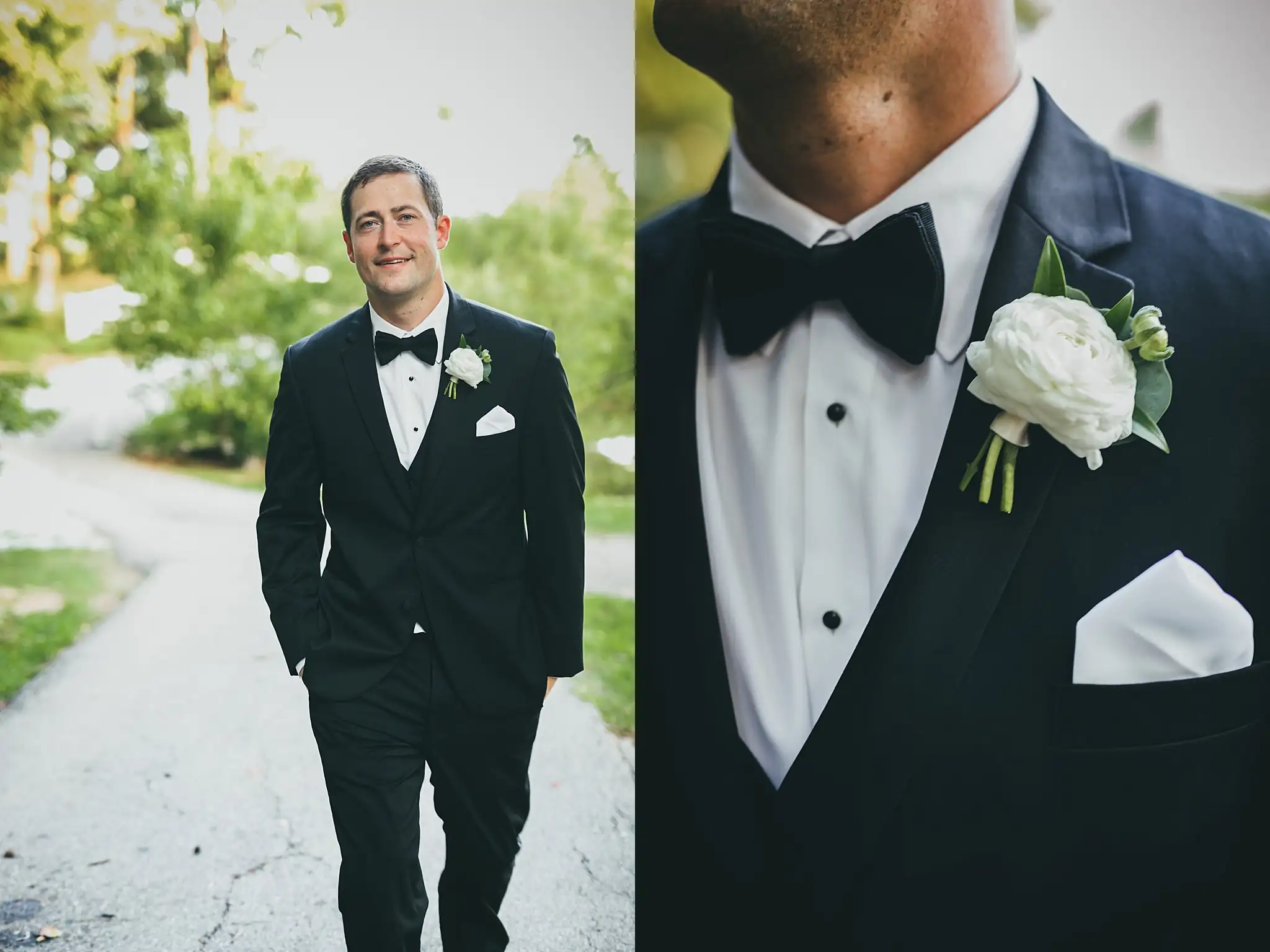 Wedding Formals: the groom walking, and his boutonniere, at their wedding at Little River Farms in Milton, GA