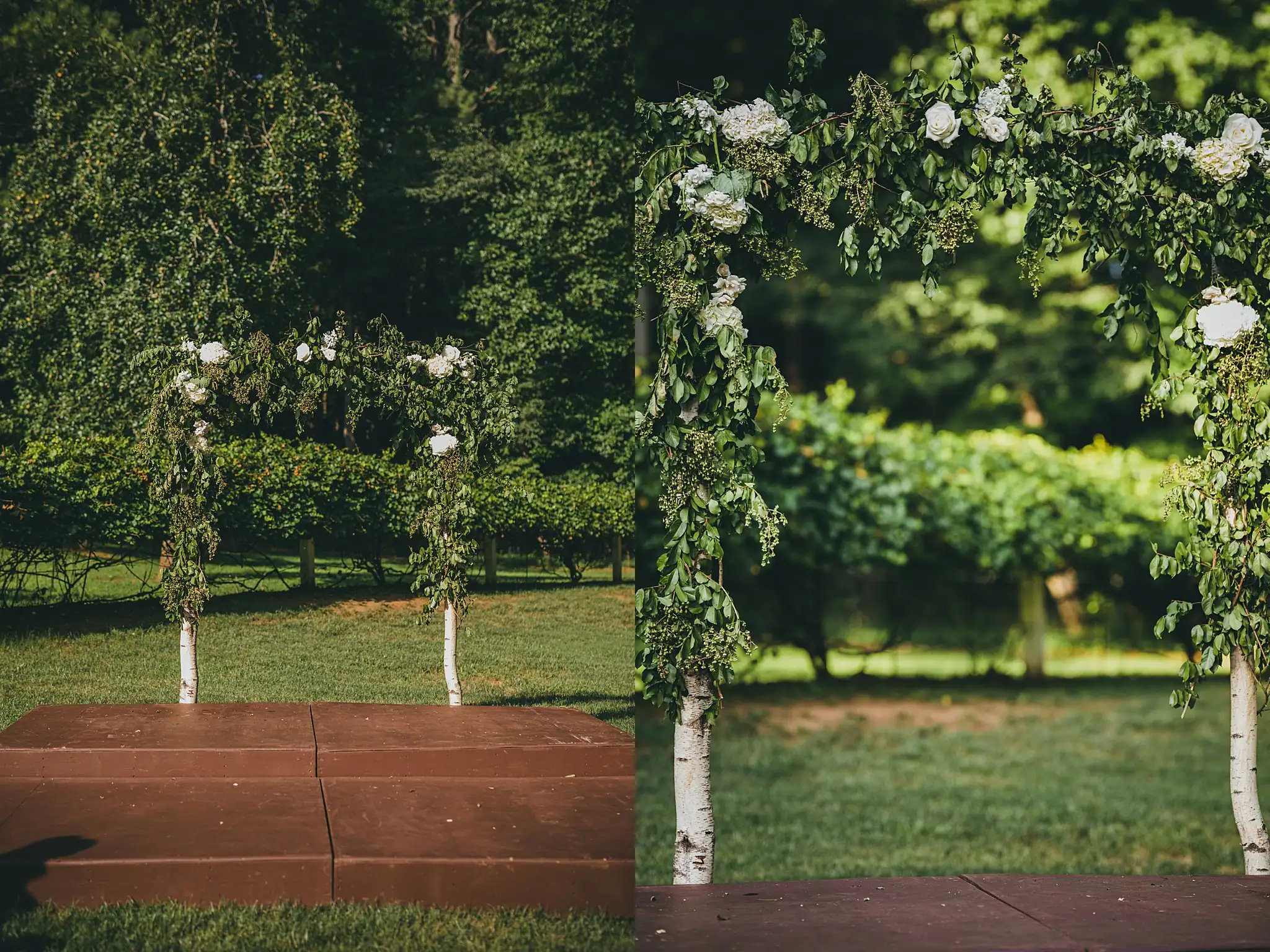 Wedding Florals: the birch arch dressed with white hydrangea, at a wedding at Little River Farms in Milton, GA