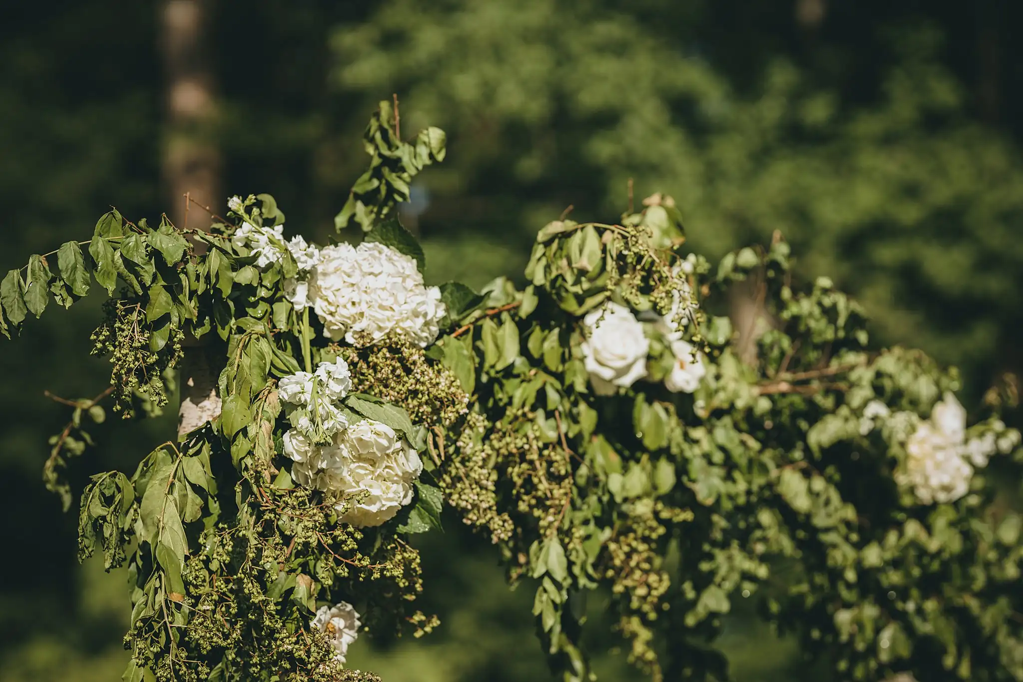 Wedding Florals: white hydrangea and greenery on the arch, at a wedding at Little River Farms in Milton, GA