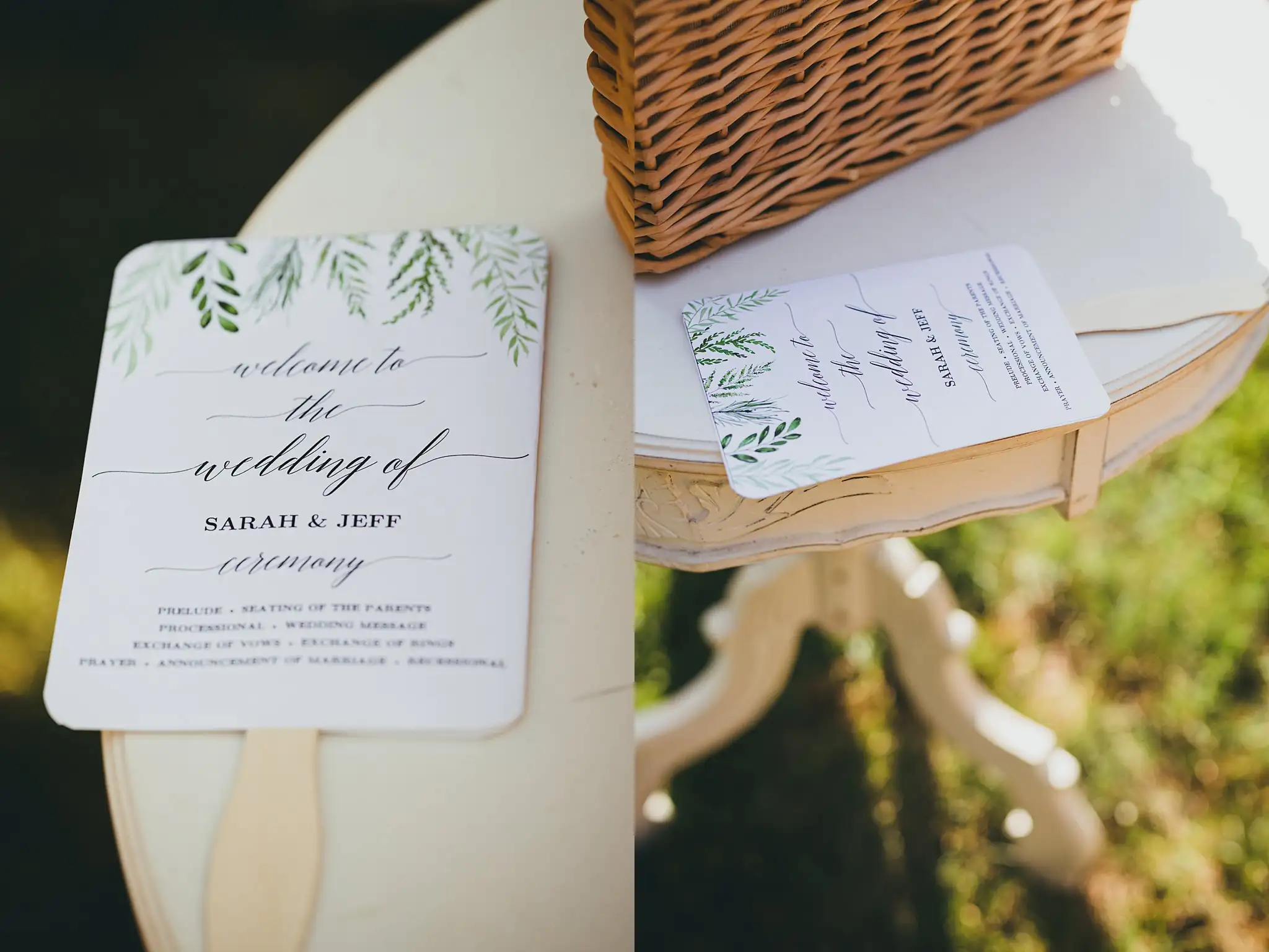 Wedding Details: the ceremony programmes fanned in a basket, at a wedding at Little River Farms in Milton, GA