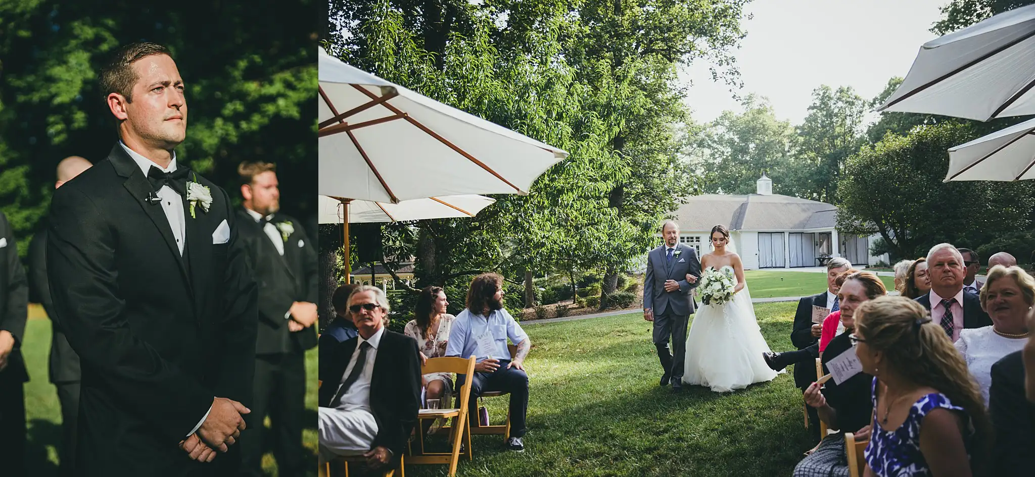 Processional: the groom watching the bride come in, at their wedding at Little River Farms in Milton, GA
