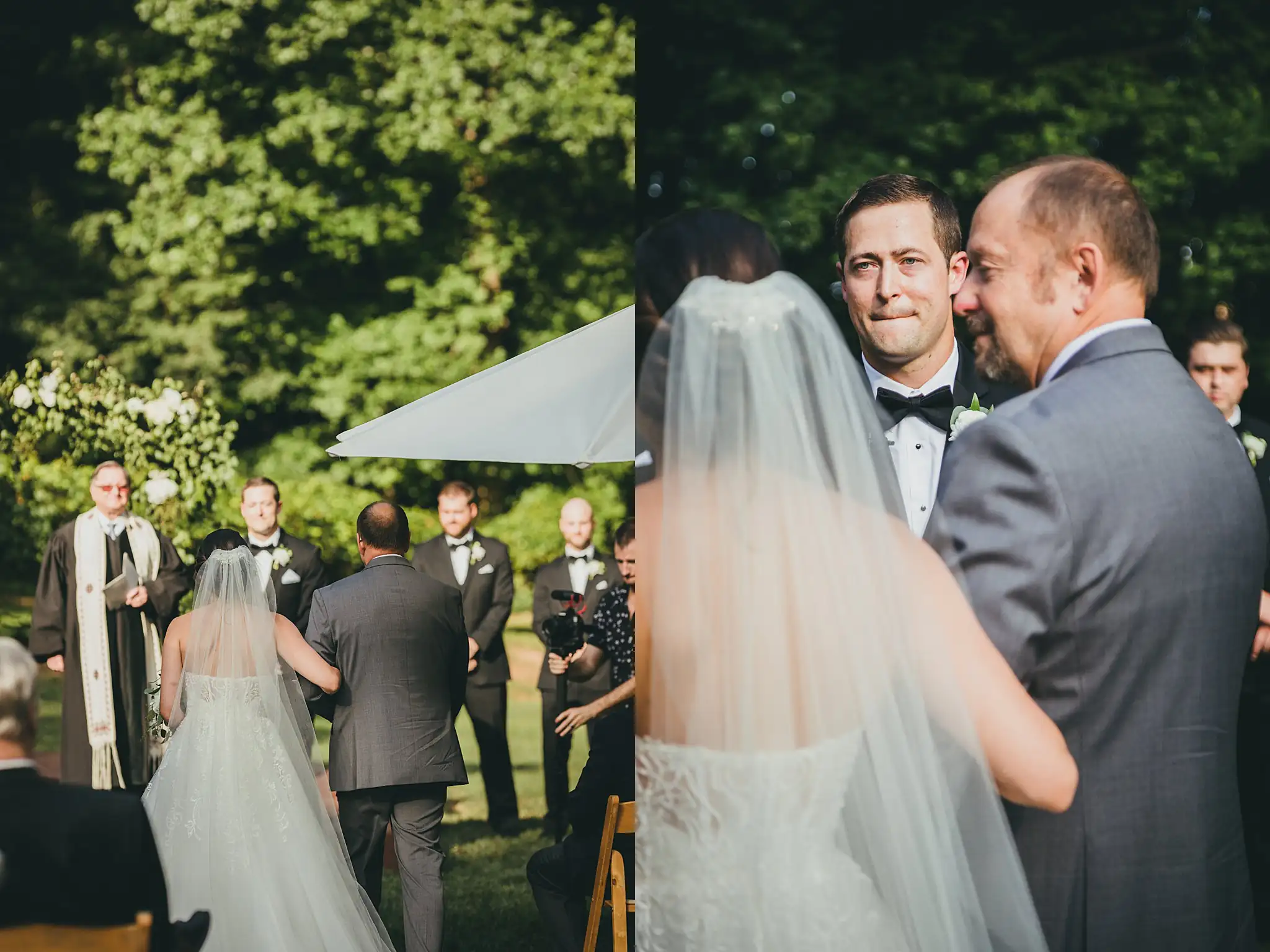 Processional: the bride on her father's arm, and his reaction, at their wedding at Little River Farms in Milton, GA