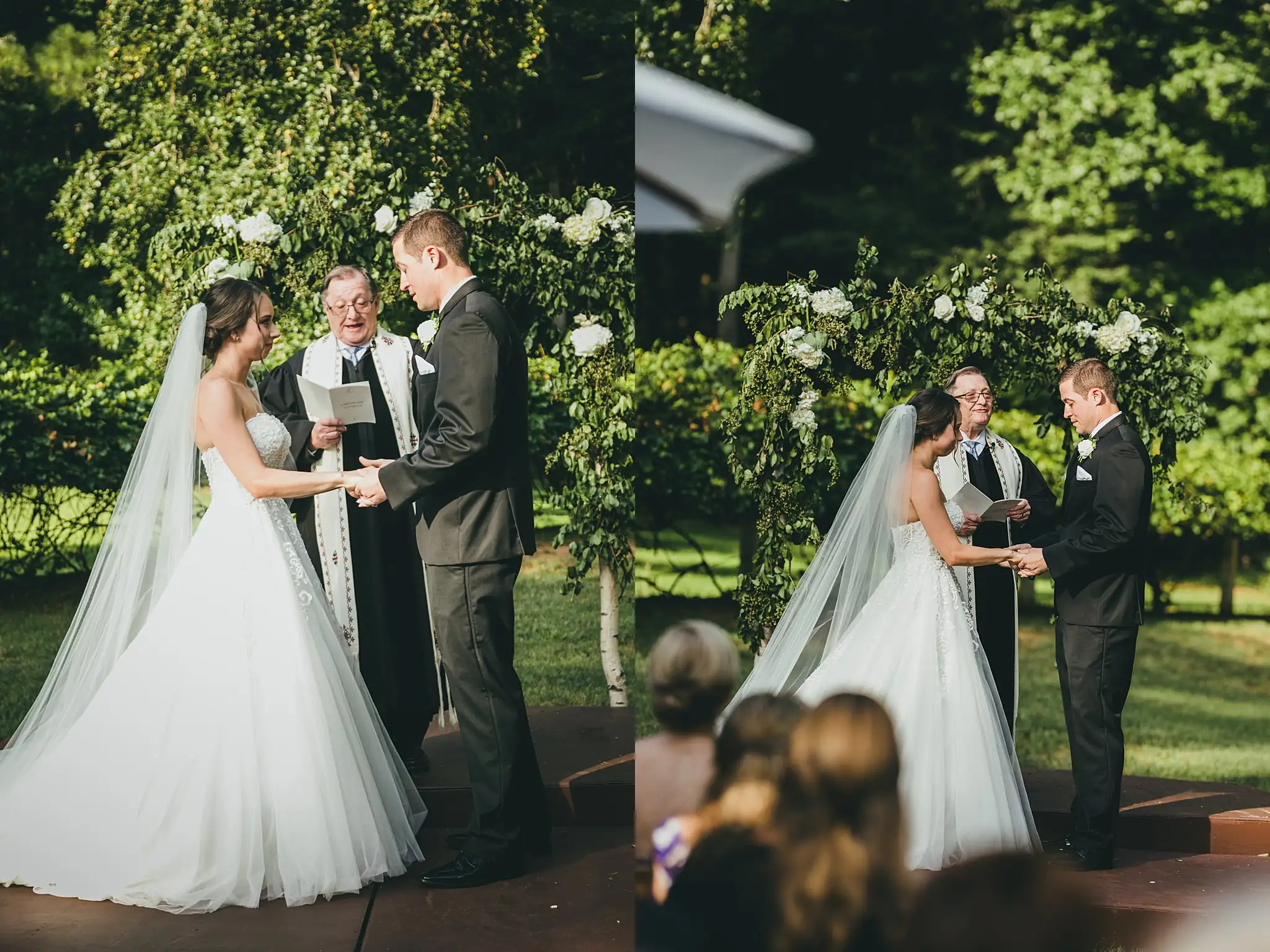 Wedding Ceremony: the couple at the altar before the officiant, at their wedding at Little River Farms in Milton, GA