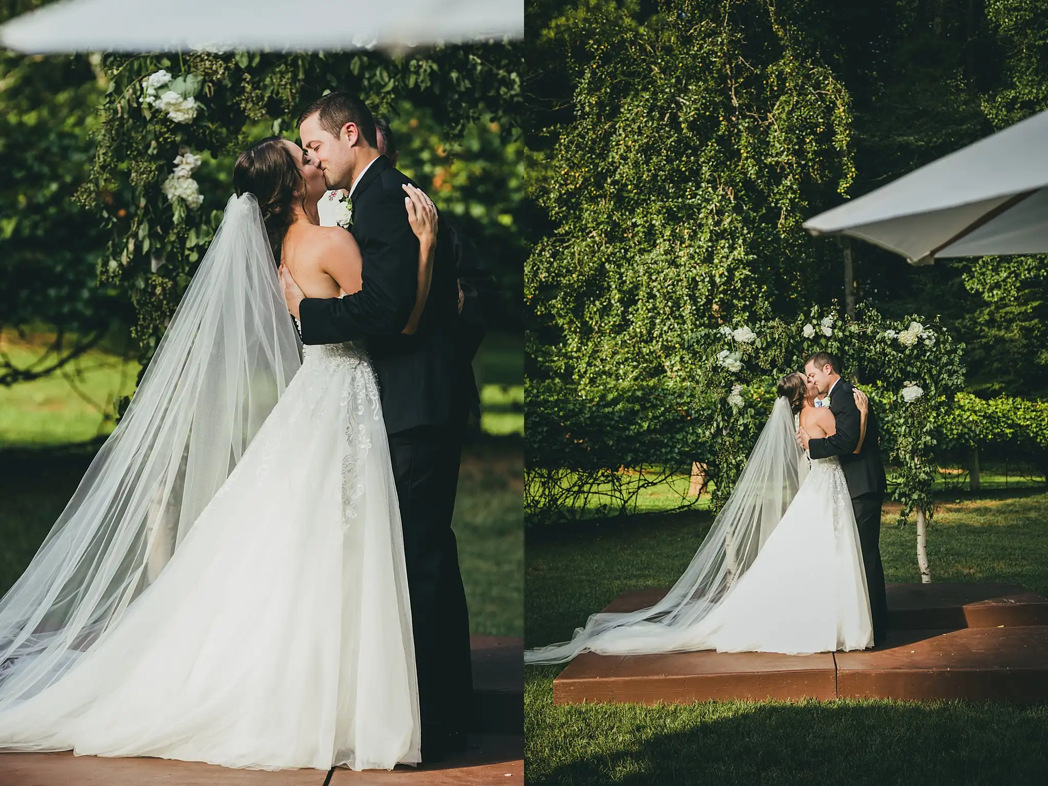 Wedding Ceremony: the first kiss, and her veil from behind, at their wedding at Little River Farms in Milton, GA