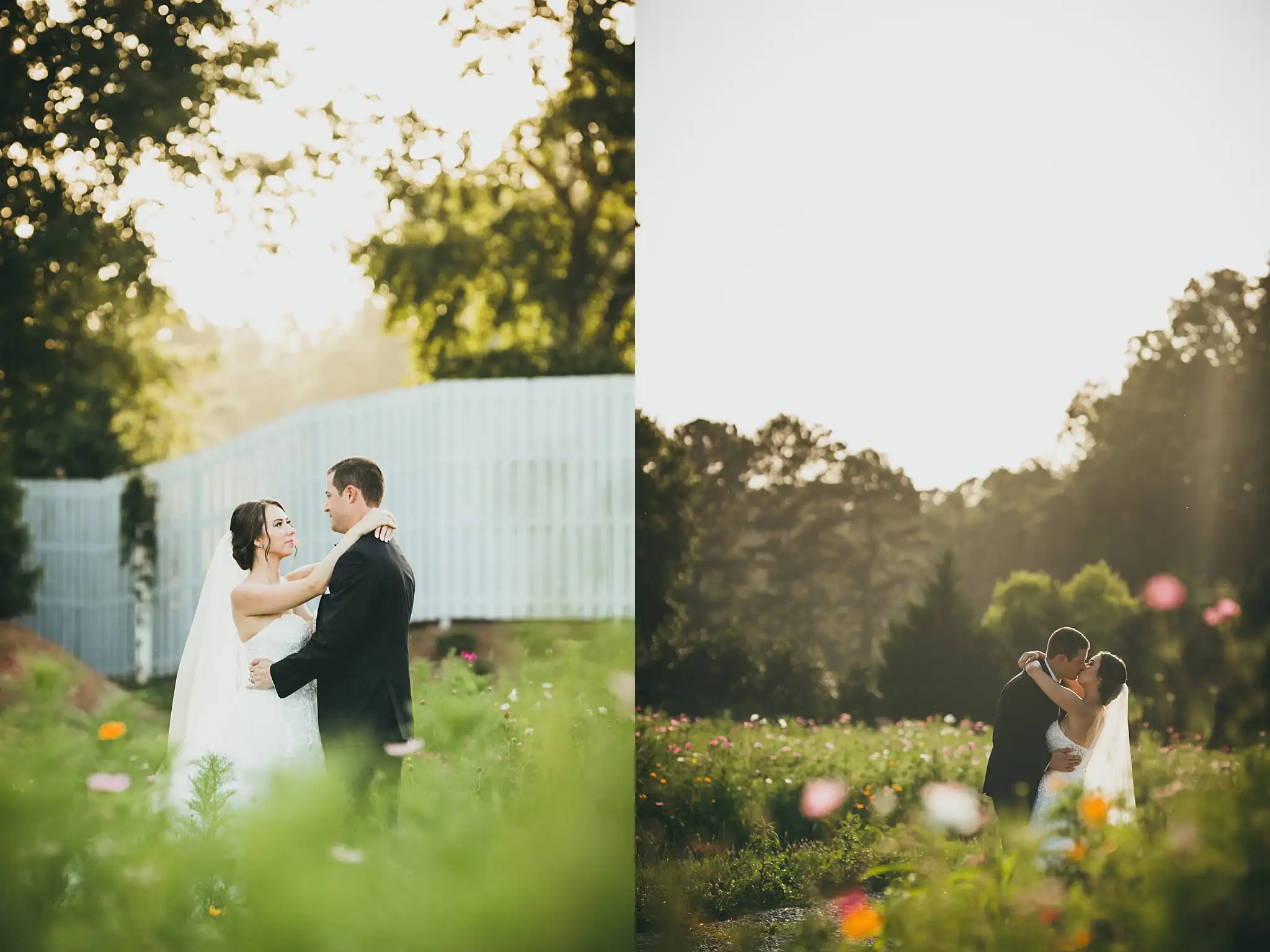 Wedding Formals: the couple at golden hour in the wildflower field, at their wedding at Little River Farms in Milton, GA