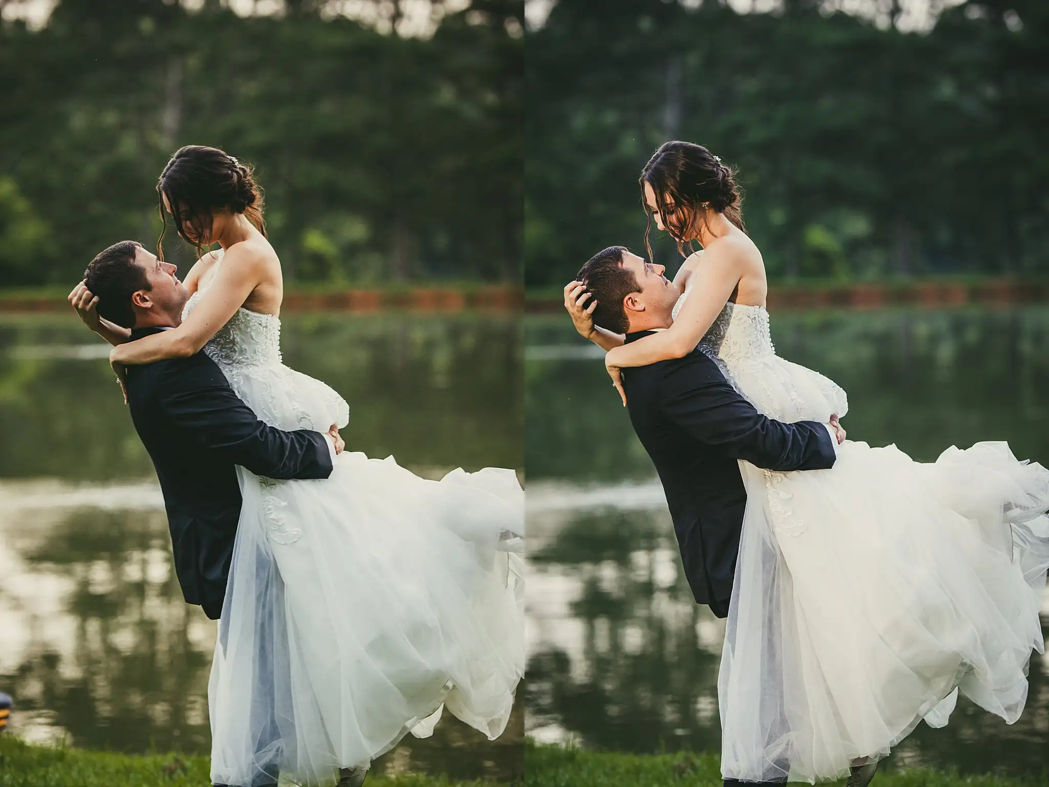Wedding Formals: the groom lifting the bride by the pond, at their wedding at Little River Farms in Milton, GA