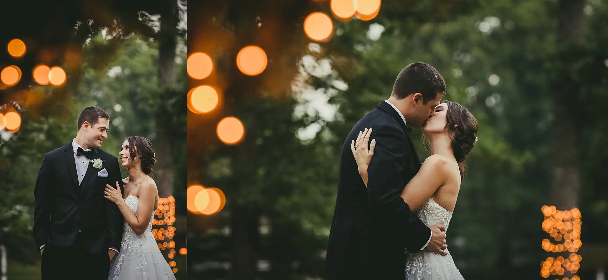 Wedding Formals: the couple under the string lights after dark, at their wedding at Little River Farms in Milton, GA