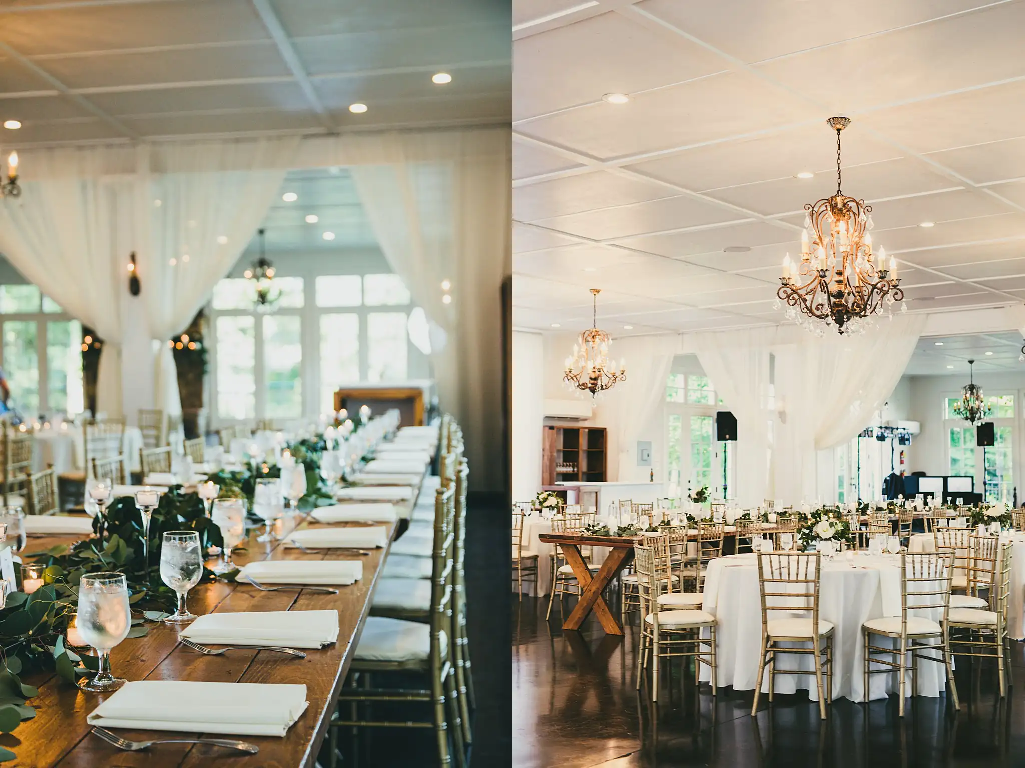 Reception Details: the pavilion draped in white beneath chandeliers, at their wedding at Little River Farms in Milton, GA