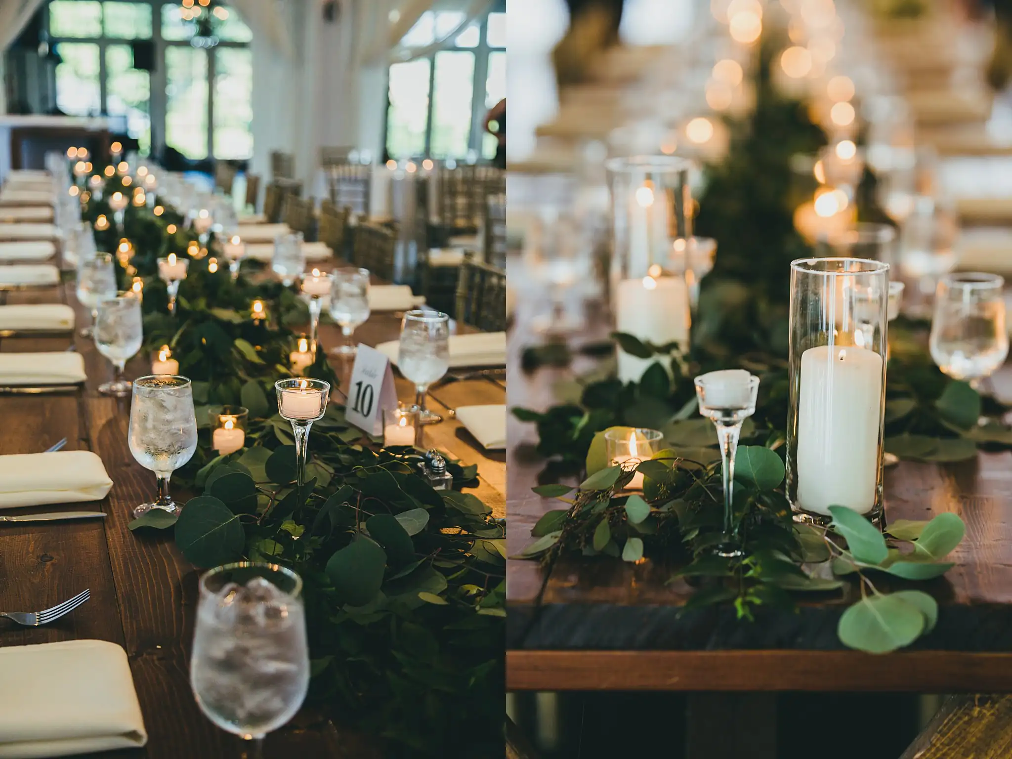 Reception Details: candles and greenery down the table, at their wedding at Little River Farms in Milton, GA