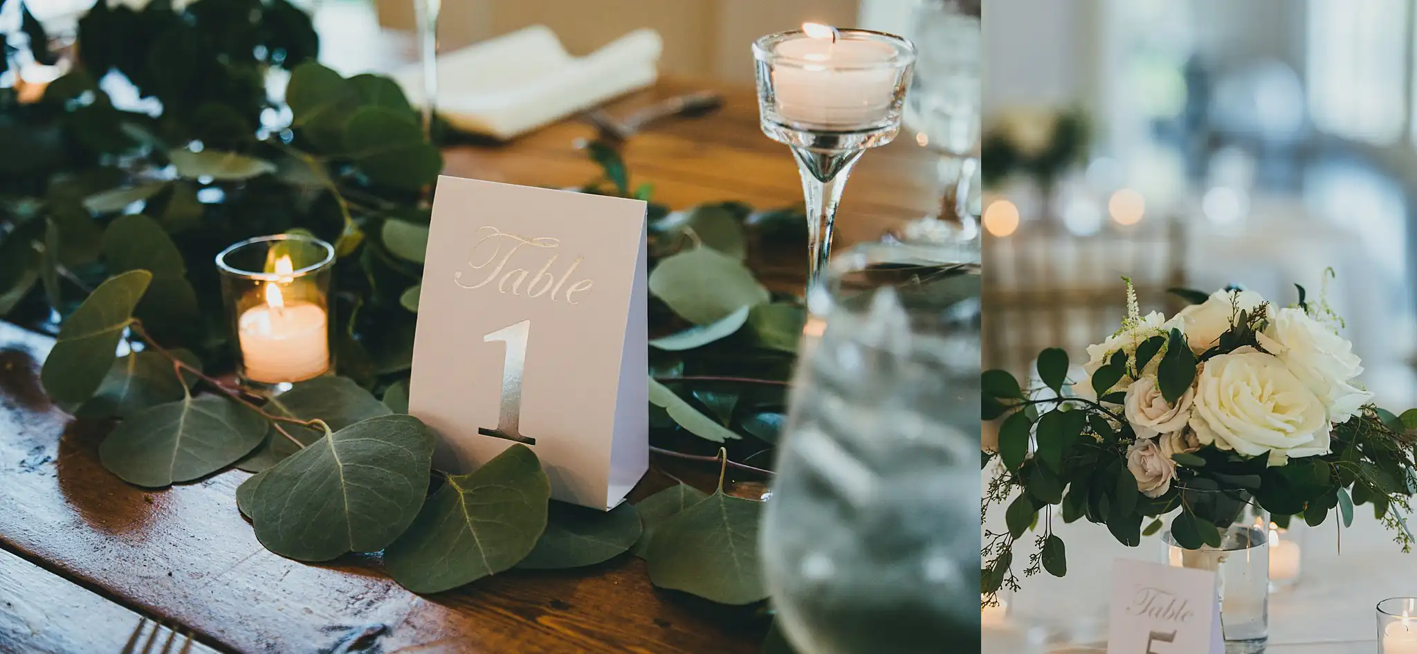 Reception Details: a table number card among eucalyptus and votives, at their wedding at Little River Farms in Milton, GA
