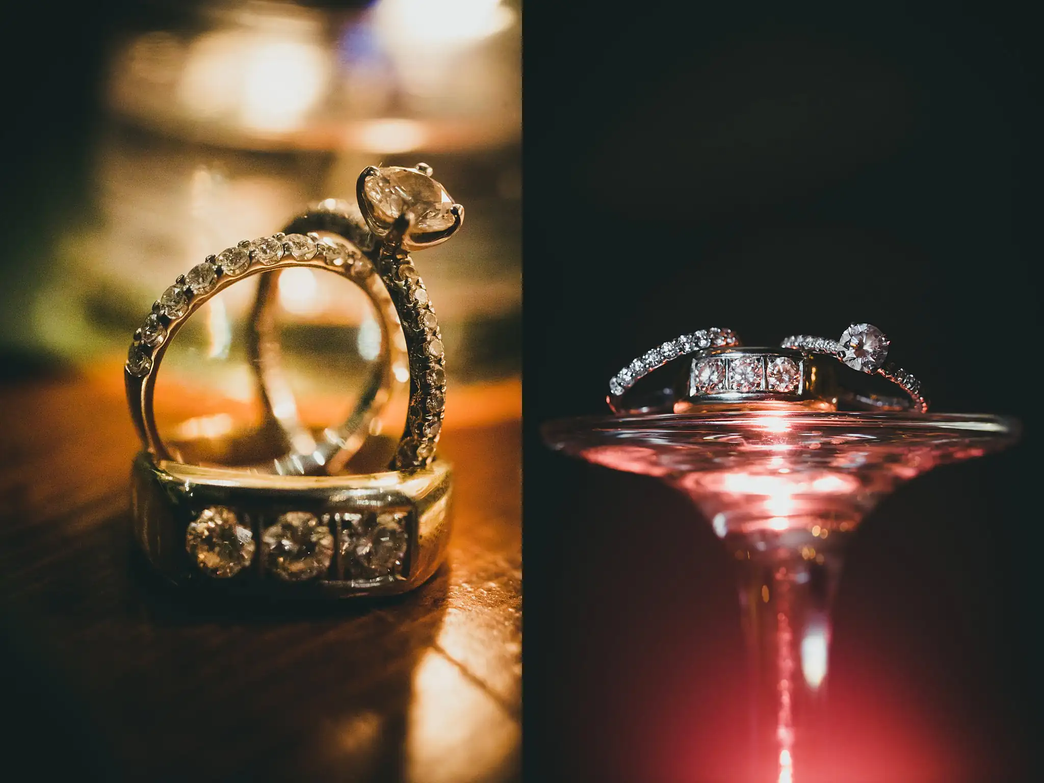 Wedding Details: the wedding bands, and the rings on a glass rim, at a wedding at Little River Farms in Milton, GA