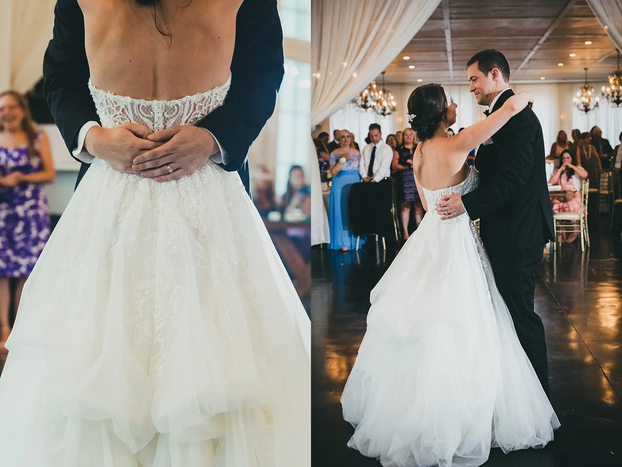 First Dance: the couple dancing, her ballgown turning, at their wedding at Little River Farms in Milton, GA