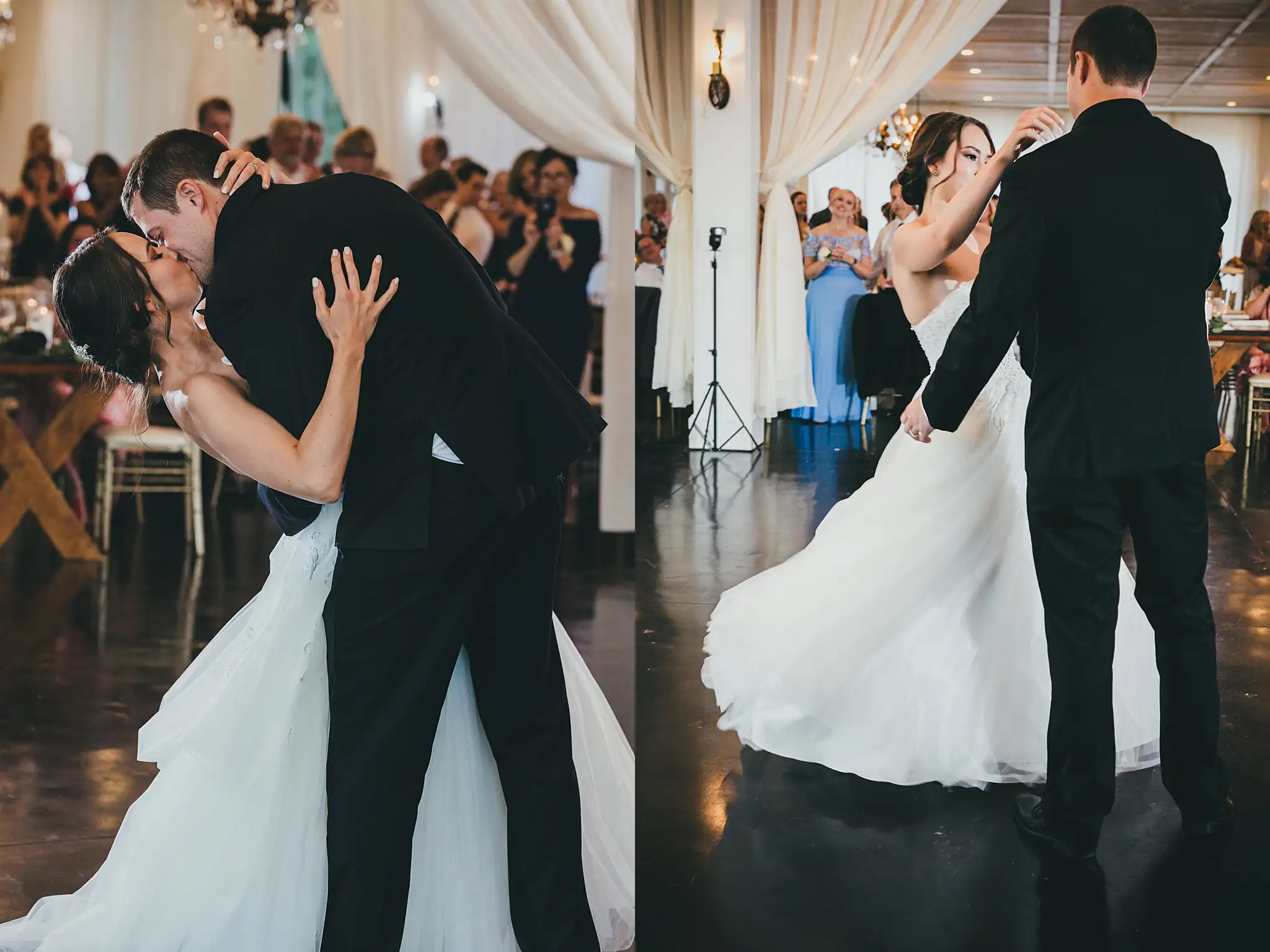 First Dance: the couple kissing on the dance floor, at their wedding at Little River Farms in Milton, GA