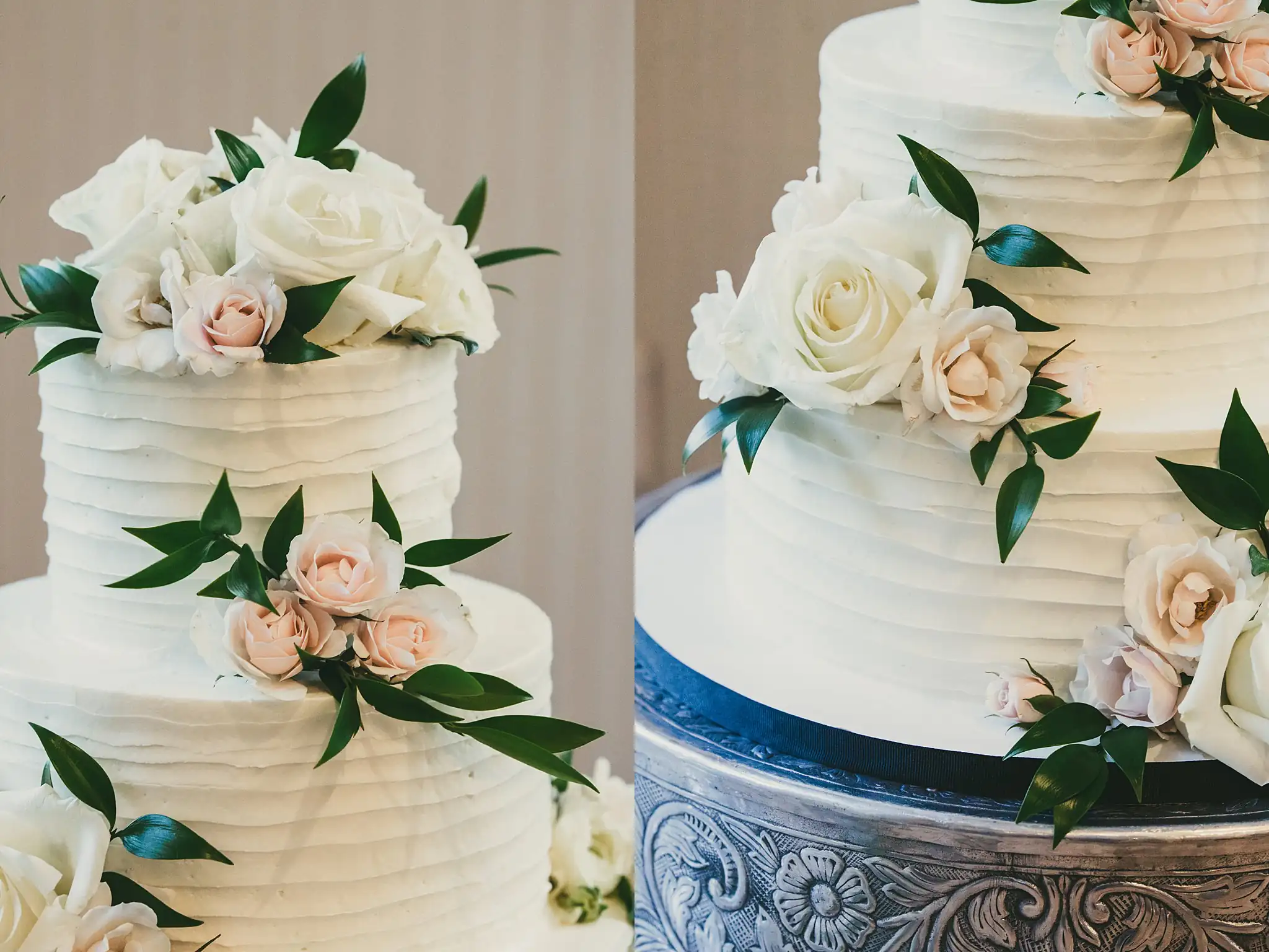 Wedding Cake Details: the buttercream cake trimmed with blush roses, at their wedding at Little River Farms in Milton, GA