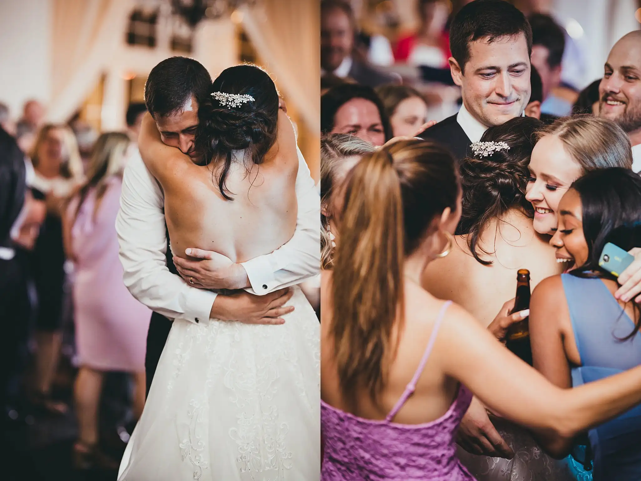 Wedding Reception: the couple holding each other as guests dance, at their wedding at Little River Farms in Milton, GA