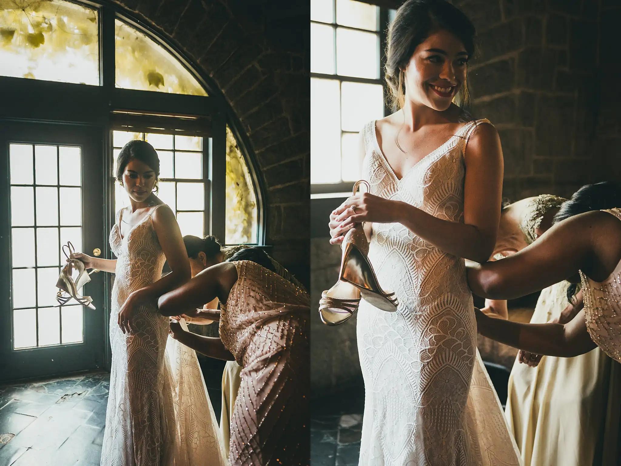 Getting Ready: the bride being laced into her gown, before their wedding at the Piedmont Garden Tent in Atlanta, GA