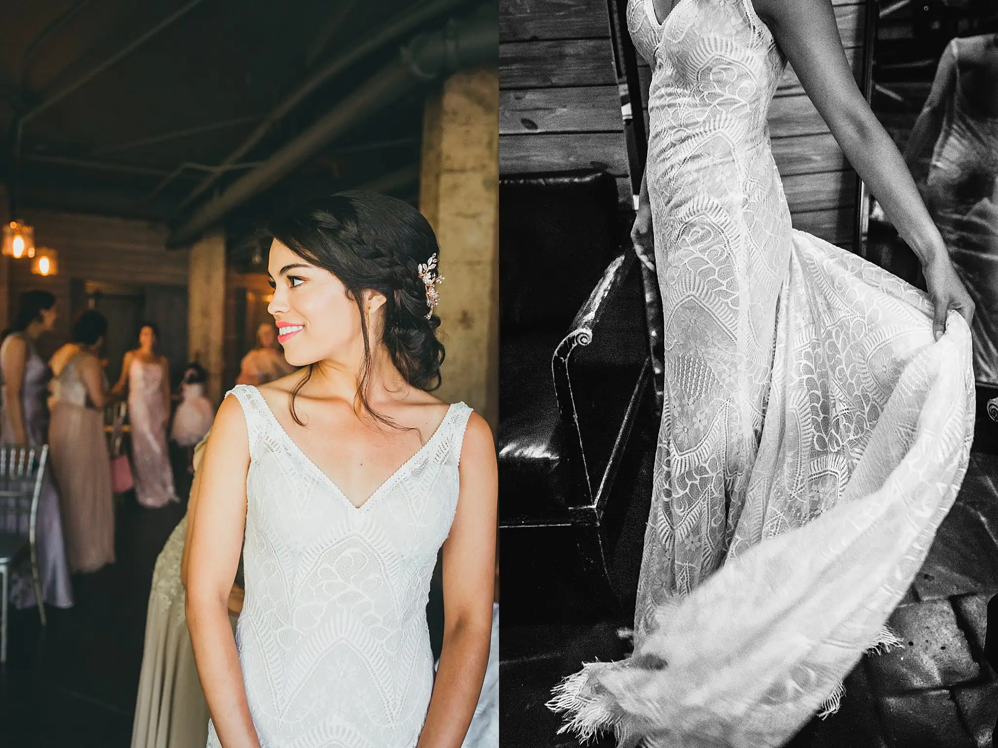 Getting Ready: the bride in her gown, and her train, before their wedding at the Piedmont Garden Tent in Atlanta, GA