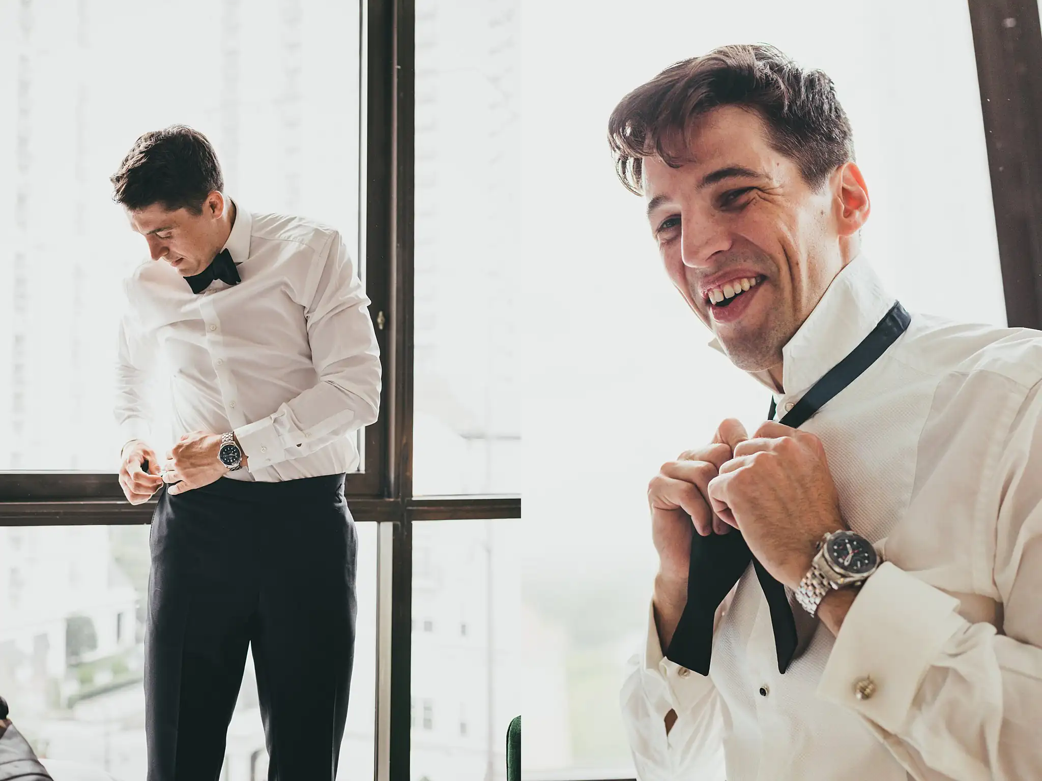 Getting Ready: the groom and a groomsman at the window, before their wedding at the Piedmont Garden Tent in Atlanta, GA