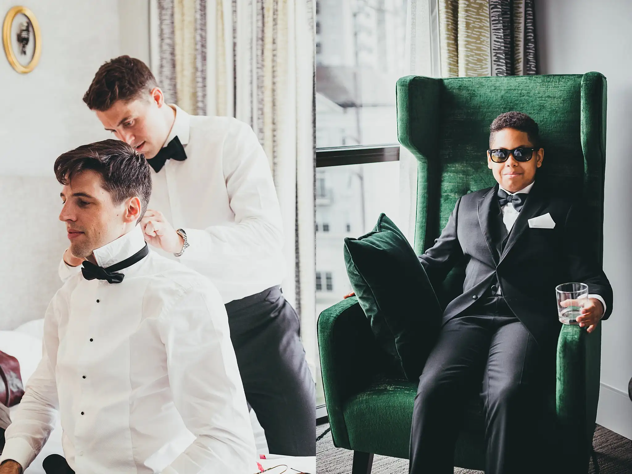 Getting Ready: groomsmen dressing, one in a green armchair, before their wedding at the Piedmont Garden Tent in Atlanta, GA