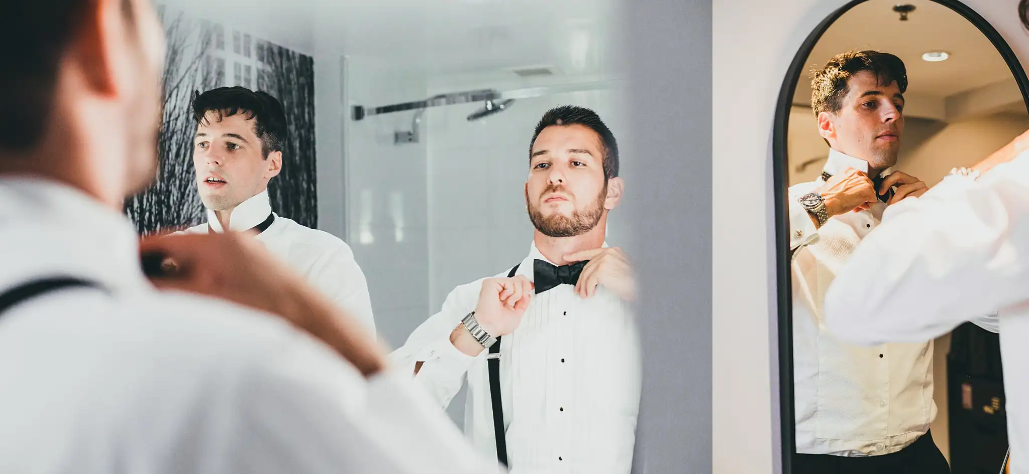 Getting Ready: the groom's bow tie fixed, and in the mirror, before their wedding at the Piedmont Garden Tent in Atlanta, GA