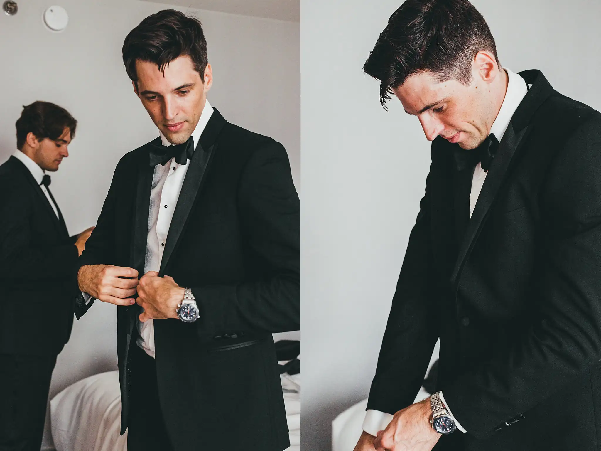 Getting Ready: the groom fastening his cufflinks, before their wedding at the Piedmont Garden Tent in Atlanta, GA