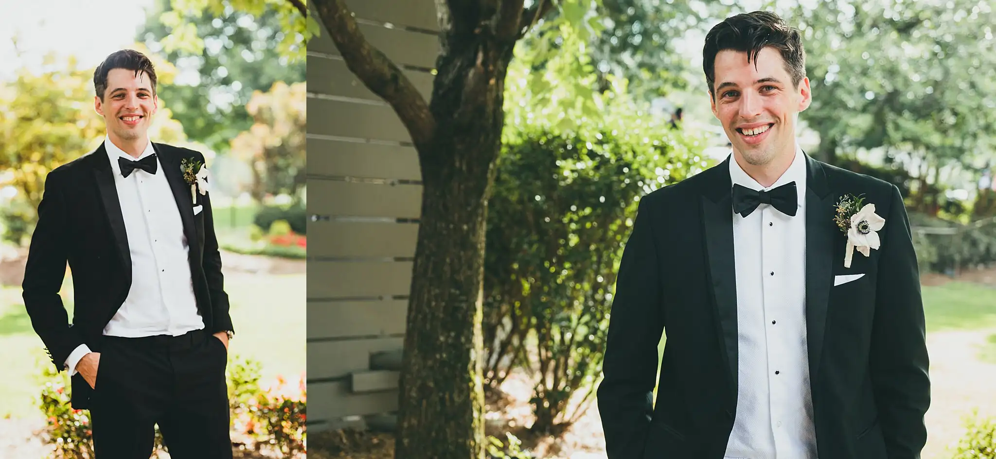 Wedding Formals: the groom outdoors in his black tuxedo, at their wedding at the Piedmont Garden Tent in Atlanta, GA