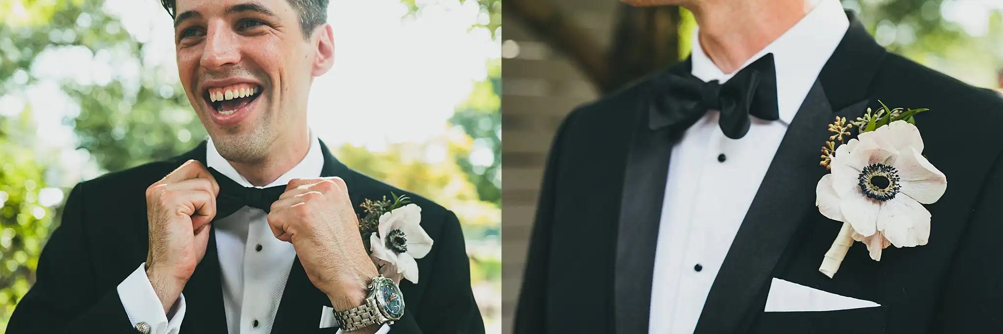 Wedding Details: the groom's bow tie, and his anemone boutonniere, at a wedding at the Piedmont Garden Tent in Atlanta, GA