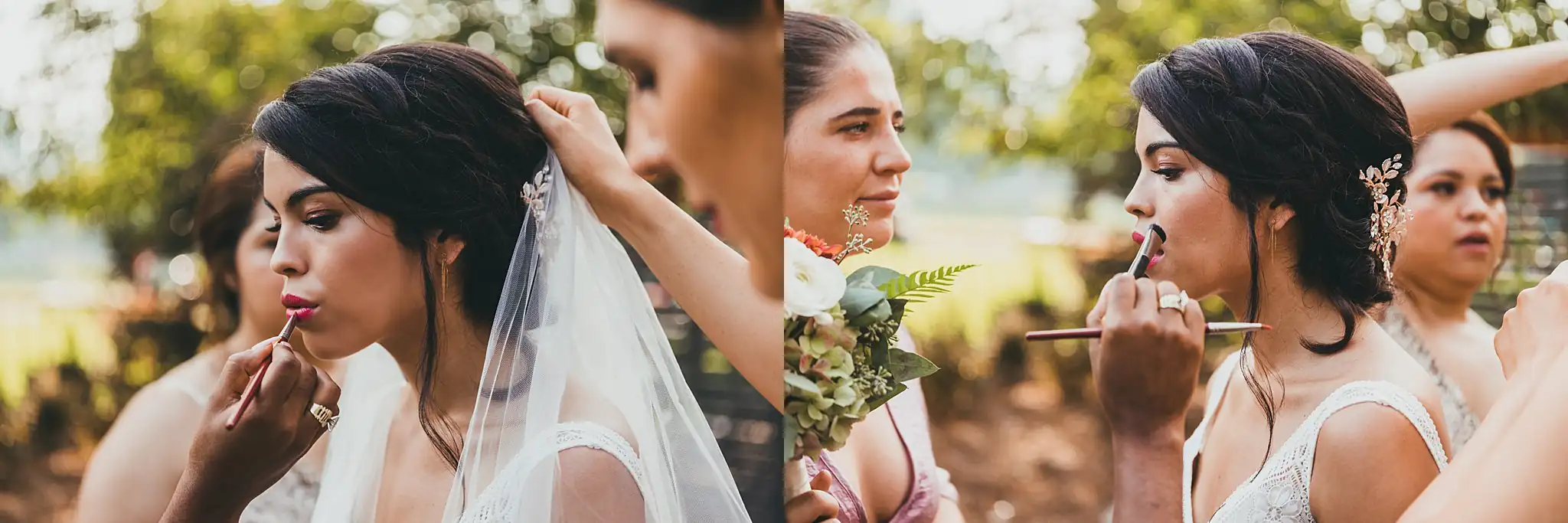 Getting Ready: the bride's lipstick finished, veil on, before their wedding at the Piedmont Garden Tent in Atlanta, GA