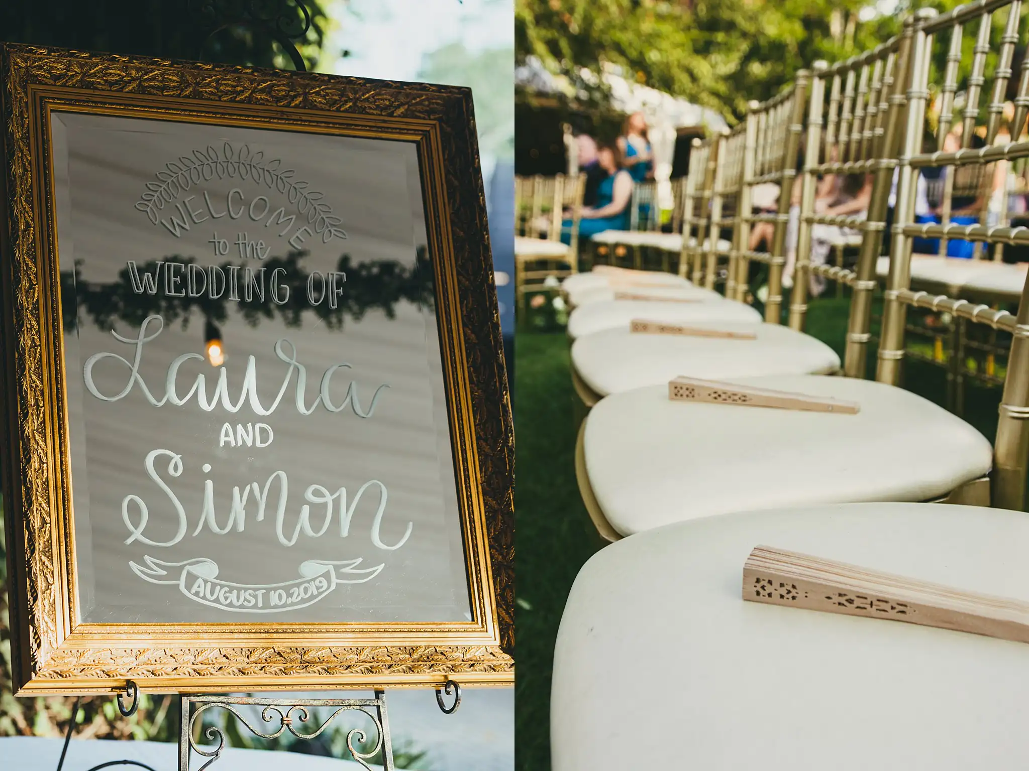 Wedding Details: the gold-framed welcome sign, and the gold chairs, at a wedding at the Piedmont Garden Tent in Atlanta, GA