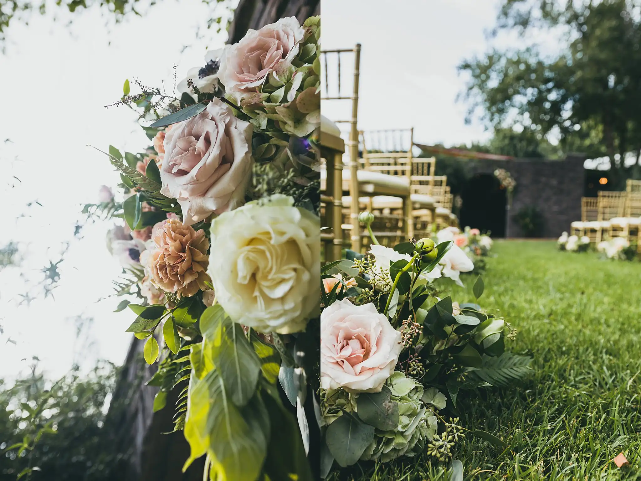 Wedding Florals: the blush bouquet, and the ceremony lawn, at a wedding at the Piedmont Garden Tent in Atlanta, GA