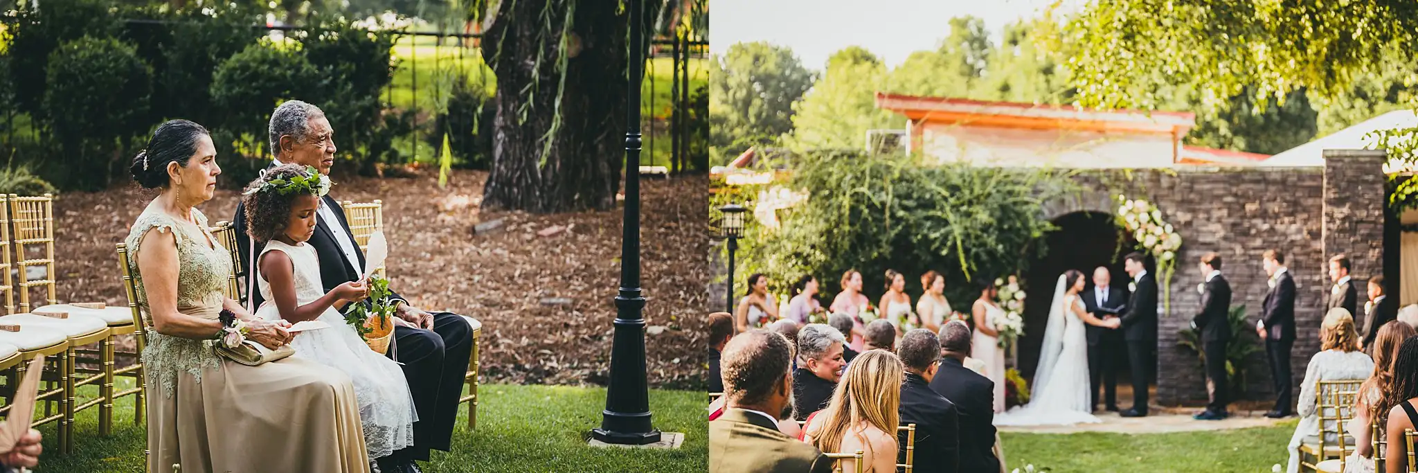 Wedding Ceremony: the seated guests, and the ceremony wide, at their wedding at the Piedmont Garden Tent in Atlanta, GA