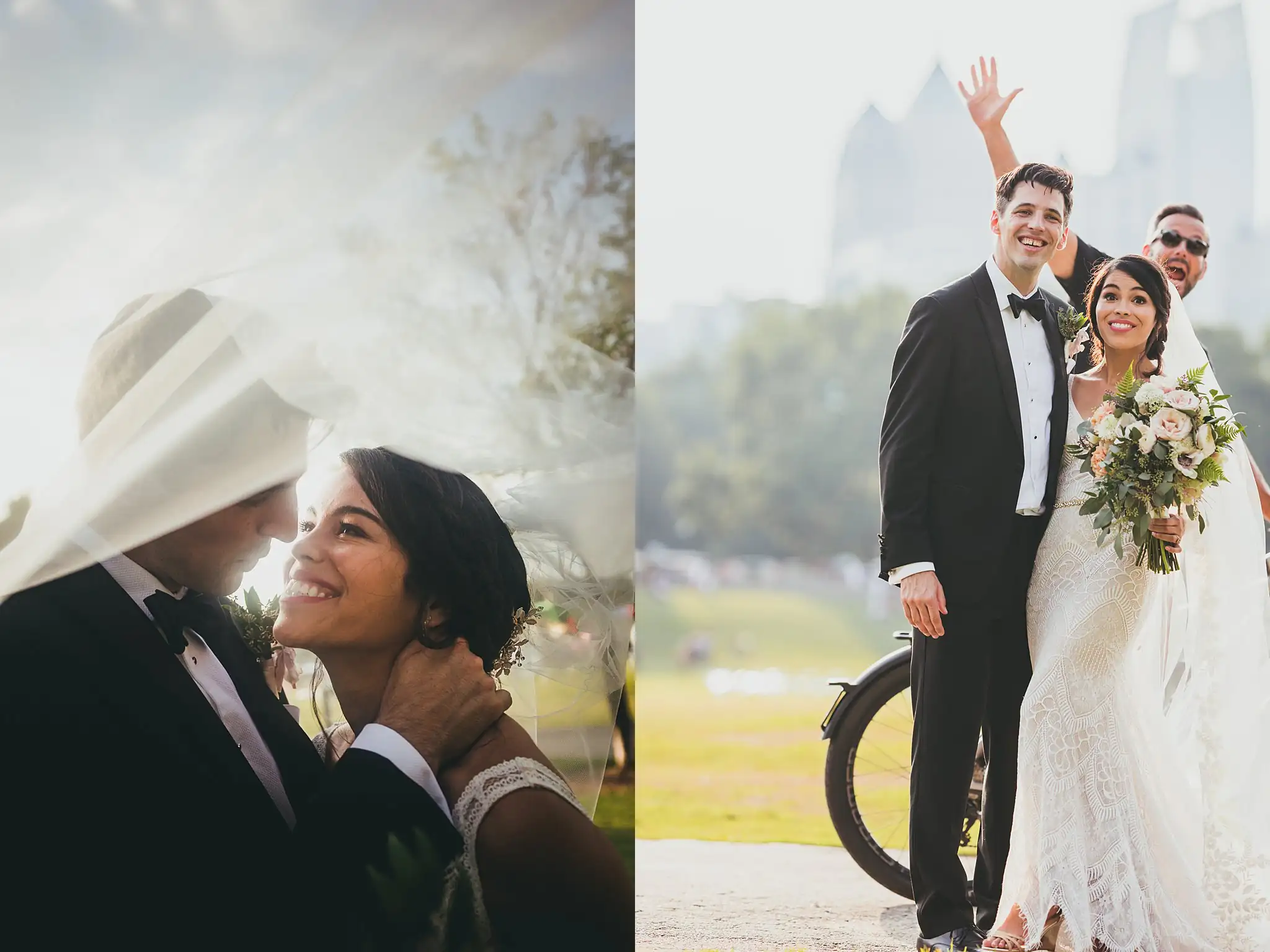 Wedding Formals: the couple under the veil, and the city behind, at their wedding at the Piedmont Garden Tent in Atlanta, GA